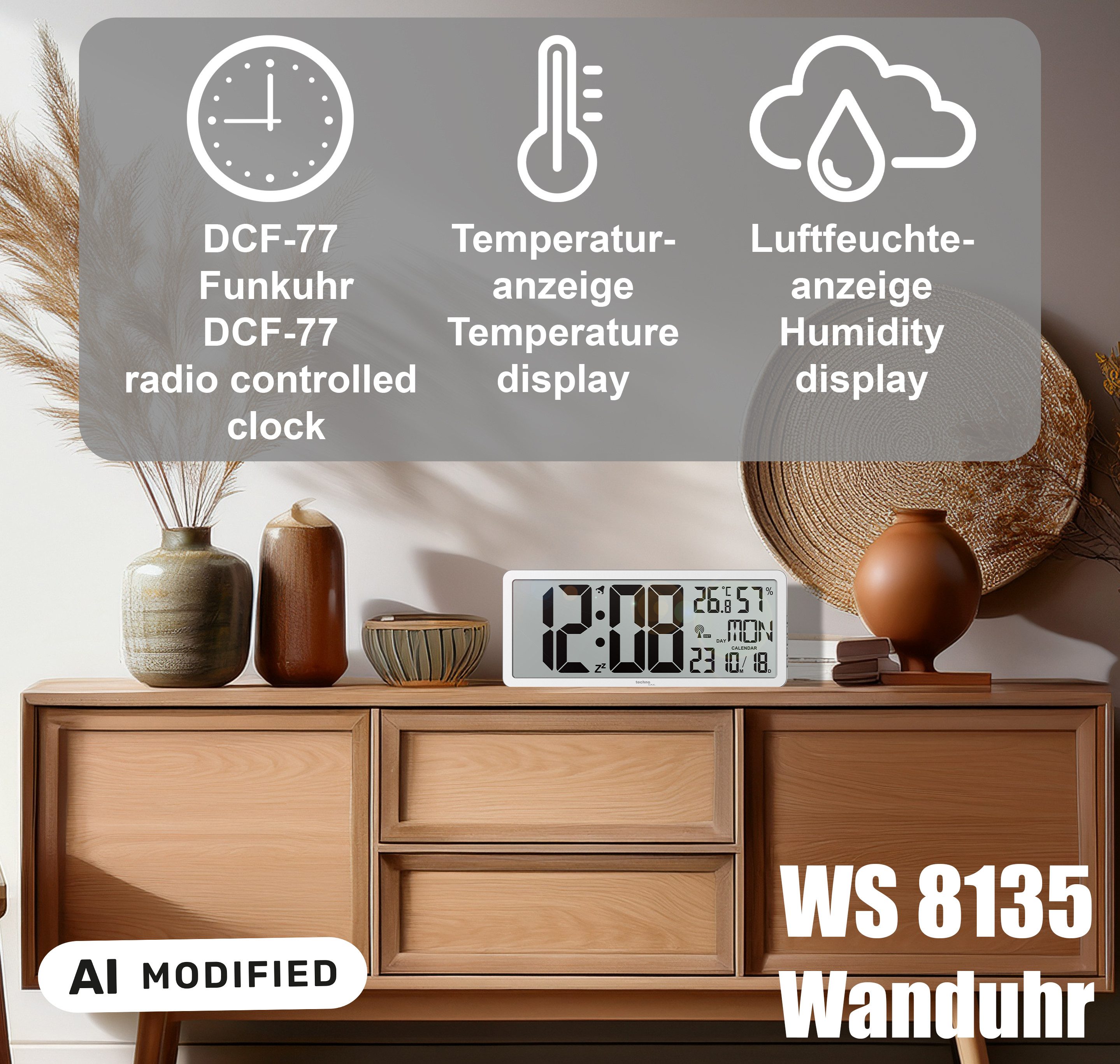 technoline Funkwanduhr WS 8135 (mit Datums-, Wochentags- und Raumklimaanzeige)