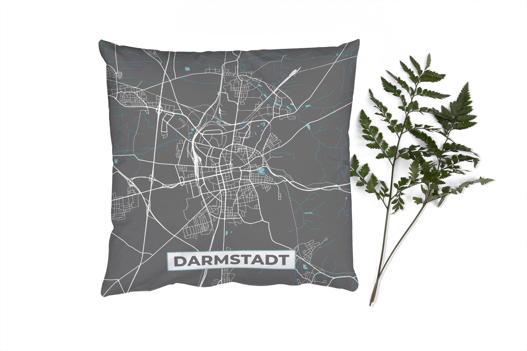 MuchoWow Dekokissen Stadtplan - Karte - Darmstadt - Blau - Deutschland - Karte, Zierkissen mit Füllung für Wohzimmer, Schlafzimmer, Deko, Sofakissen | Dekokissen