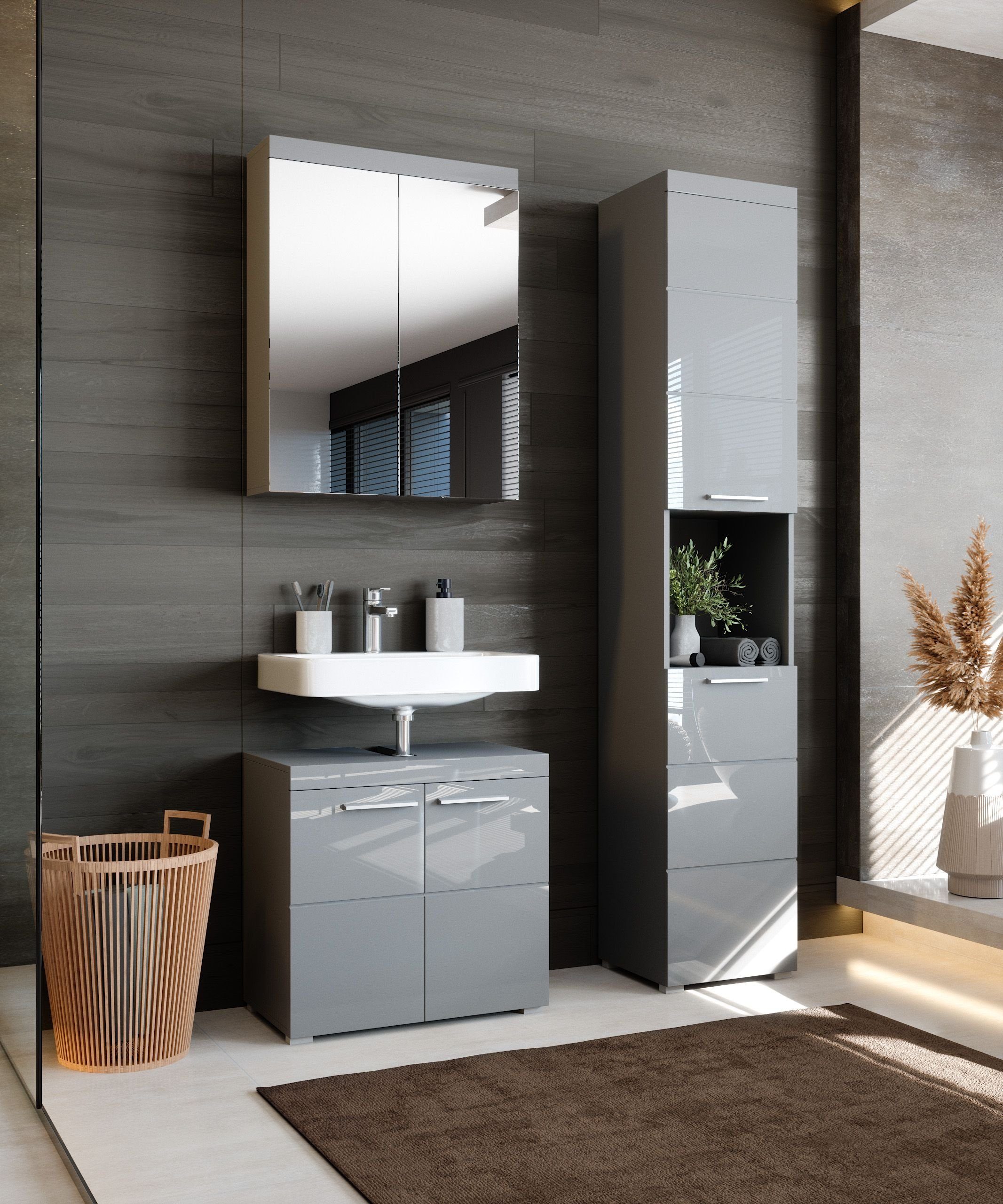 Newroom Hochschrank Trinity Grau Grau Hochglanz günstig online kaufen