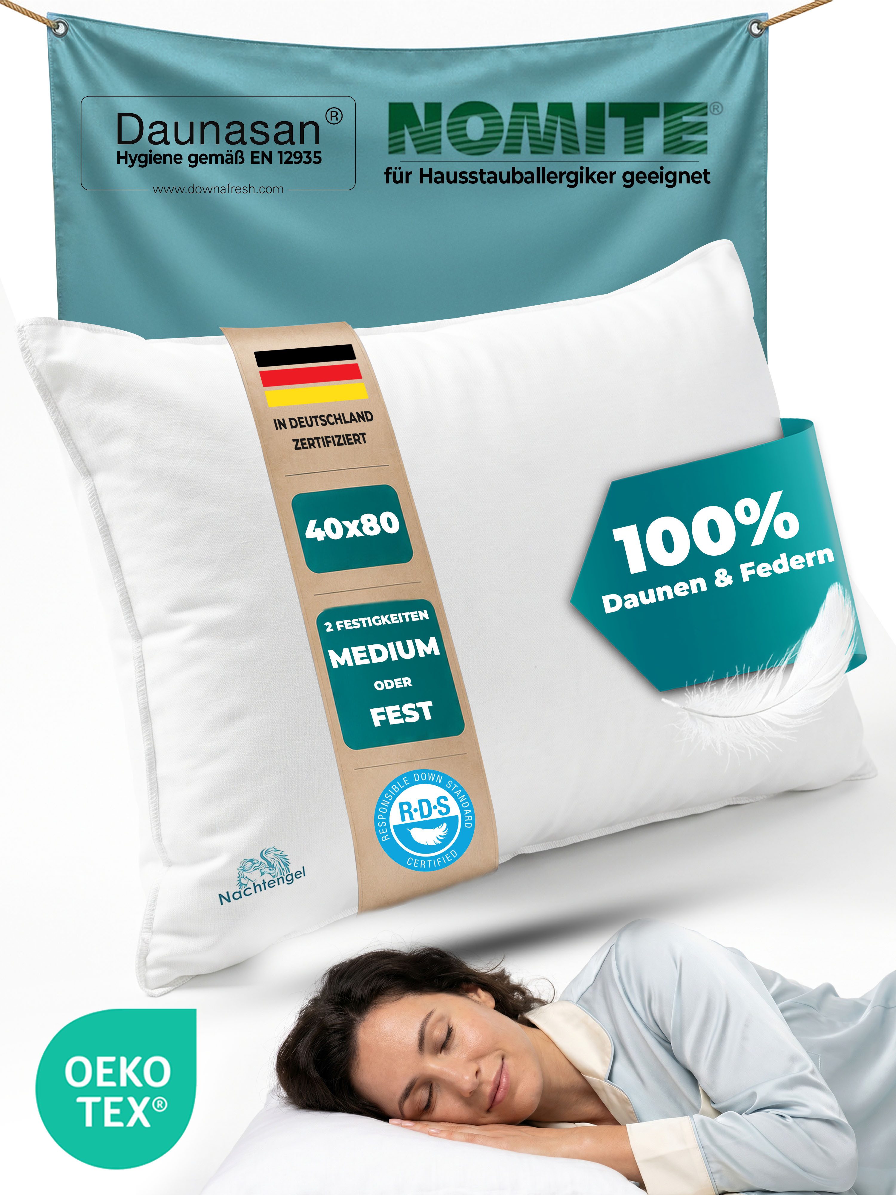 Nachtengel Daunenkissen 3-Kammer Kopfkissen, Federkissen mit 100% Daunen & Federn, Füllung: 100% Daunen & Federn, Bezug: 100% Baumwolle, MEDIUM, 40x80, IN DEUTSCHLAND ZERTIFIZIERT