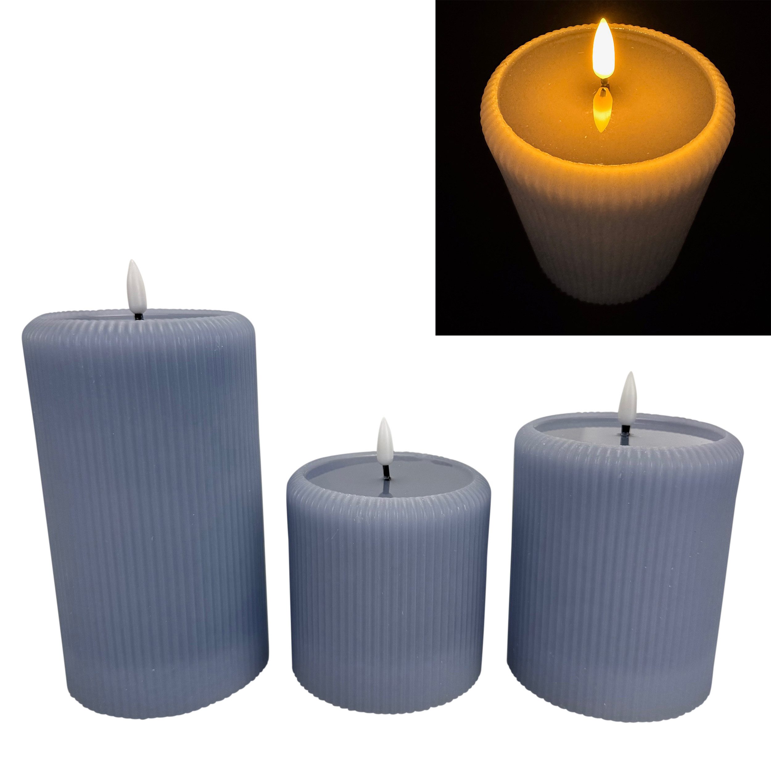 Online-Fuchs LED-Kerze 3 moderne LED Stumpenkerzen XL mit spiegelnder Flamm günstig online kaufen