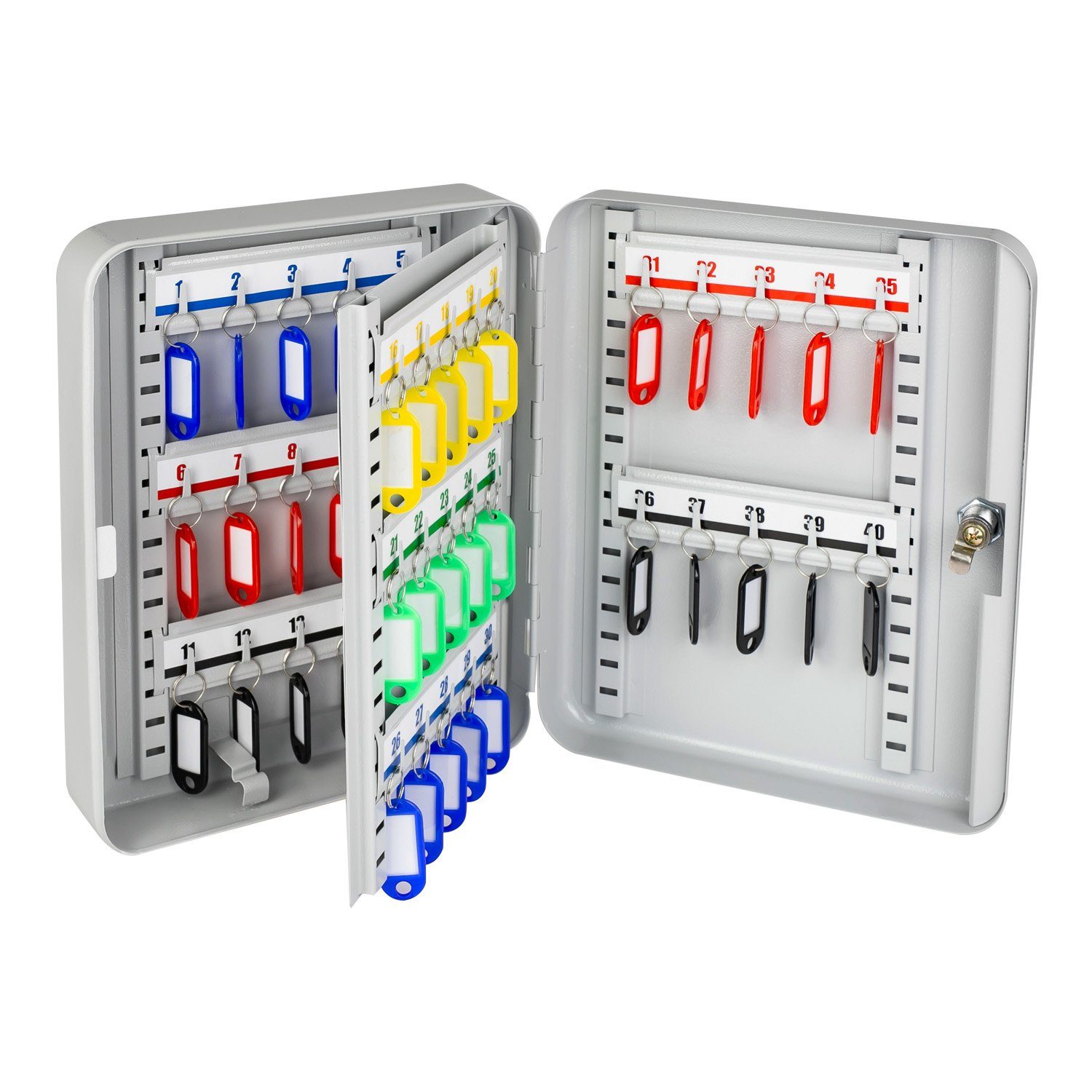 HMF Schlüsselkasten Schlüsselkasten abschließbar Schlüsselschrank (inkl. Schlüsselanhänger), mit verstellbaren Hakenleisten, 30 x 24 x 7,5 cm, Lichtgrau