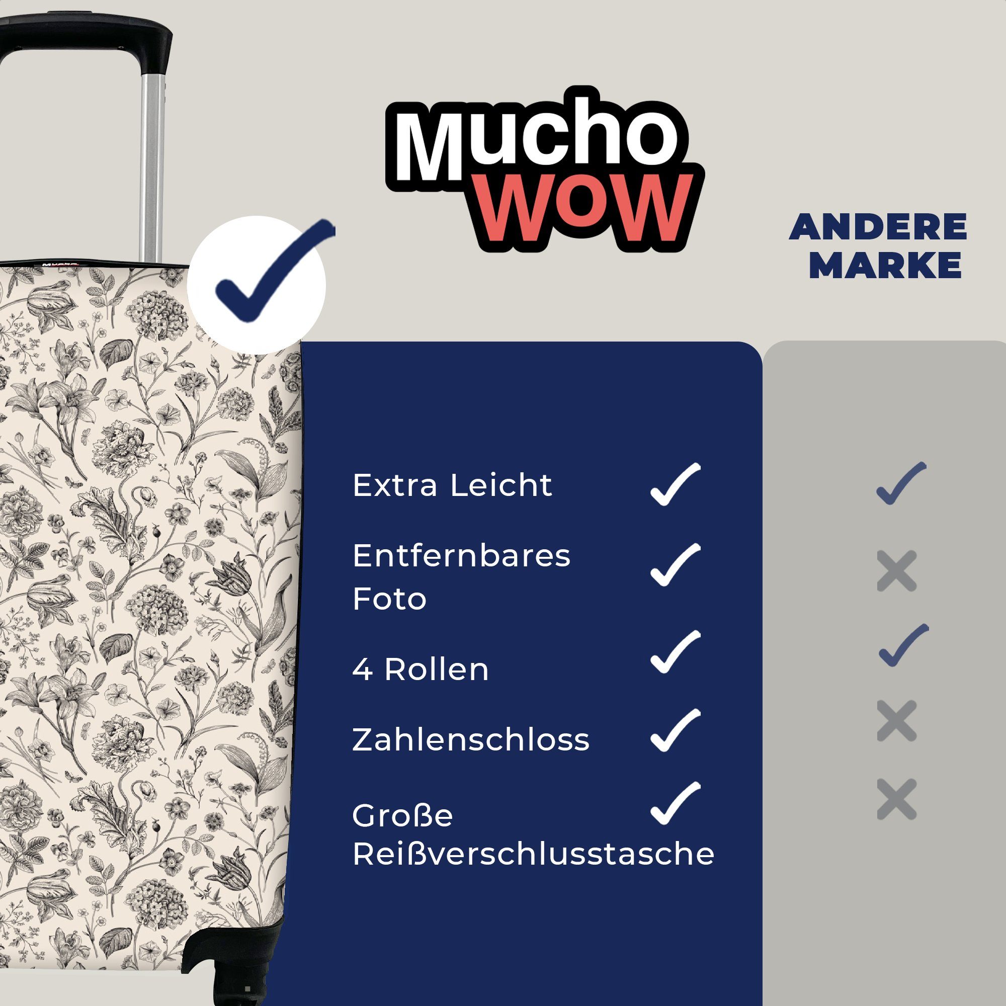 MuchoWow Handgepäckkoffer für Reisekoffer Rollen, Trolley, Blumen 4 Muster Reisetasche mit Ferien, rollen, - - Grau, Handgepäck