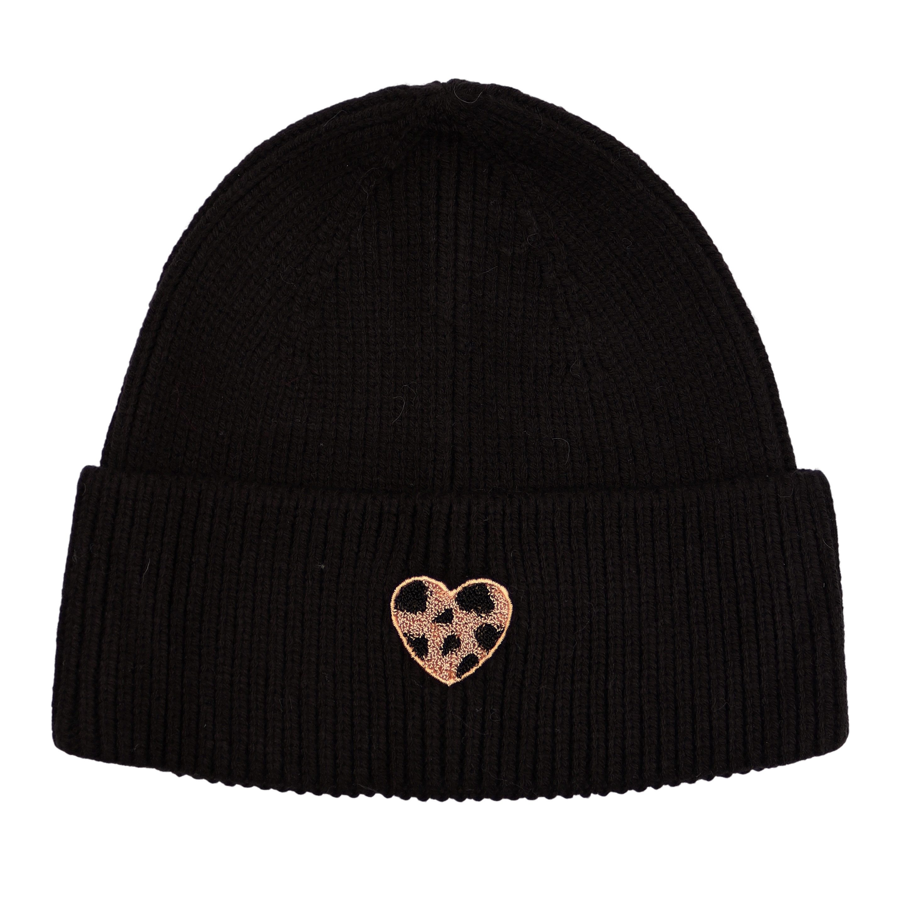 MIRROSI Strickmütze Damen Beanie aus 100% Viskose mit Umschlag & Herz-Patch im Leo-Look ungefüttert