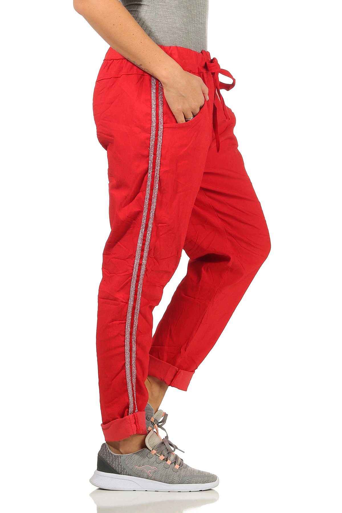 Mississhop Jogginghose Damen Hose Baumwollhose mit Seitlichen Silberstreifen M.348 Rot