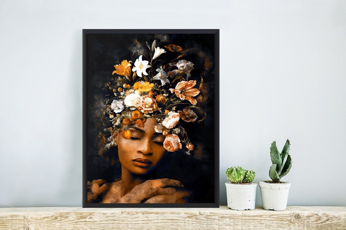 Wandposter, Bilder, MuchoWow St), Gold, Schwarzem Wanddeko, - Poster, Gerahmtes (1 Bilderrahmen Poster Blumen Frau -