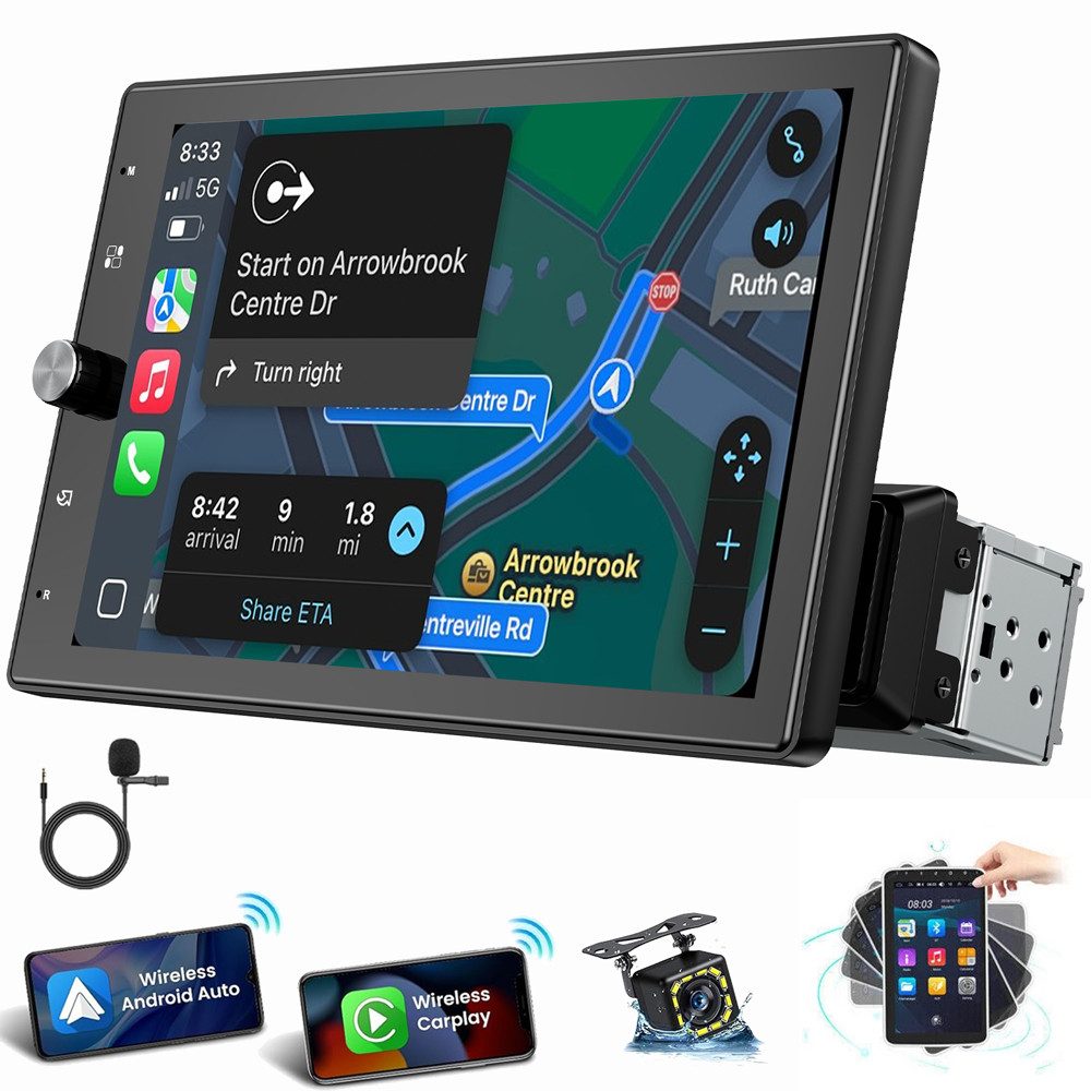 ESSGOO 10.4" 1DIN Autoradio CarPlay Android Auto Drehbarer Bildschirm Autoradio (RDS, AUX, FM, Single DIN, Wireless Carplay Android Auto Navi Bluetooth EQ)