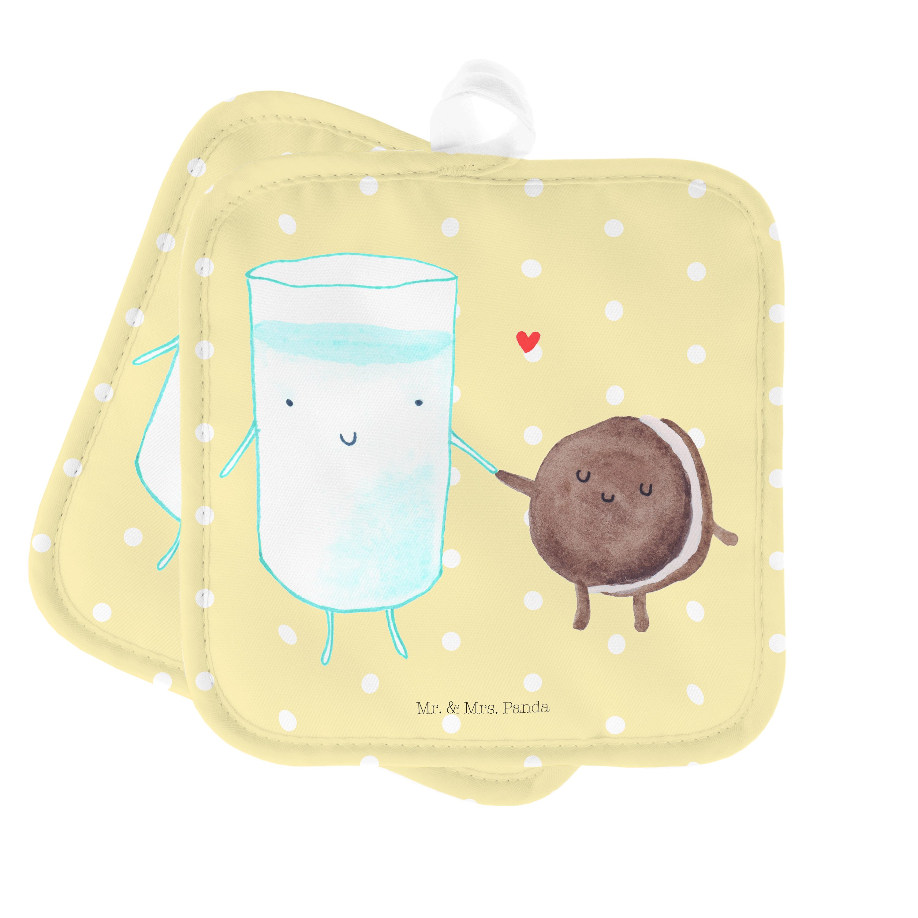 Mr. & Mrs. Panda Topflappen Milch & Keks - Gelb Pastell - Geschenk, Topfuntersetzer, perfektes Pa, (1-tlg) | Topflappen