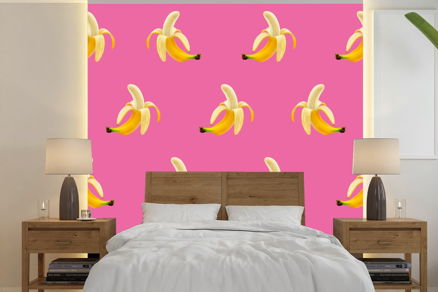 MuchoWow Fototapete Banane - Muster - Rosa, Matt, bedruckt, (5 St), Vinyl Tapete für Wohnzimmer oder Schlafzimmer, Wandtapete