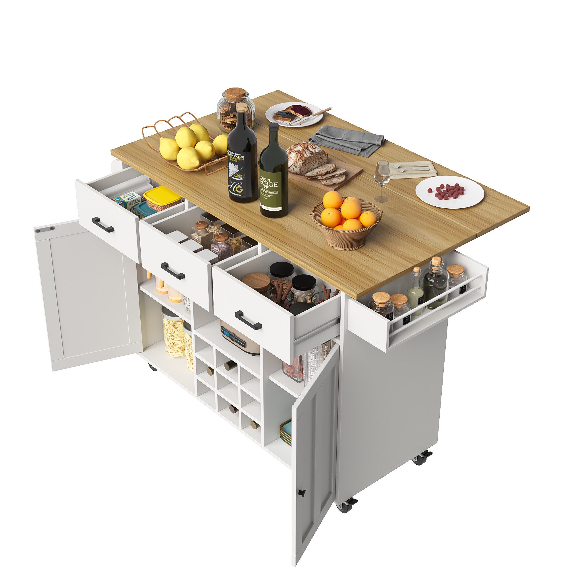 REDOM Küchenwagen Buffetschrank,Speisewagen, mit Arbeitsplatte, (mit Ausziehbarer Tischplatte – Multifunktionaler Küchenwagen mit 3 Schubladen, 2 Schranktüren, Gewürzregal, Handtuchhalter, und Flexiblen Trennwänden, 104*39.5*91.5CM), mit Arbeitsplatte