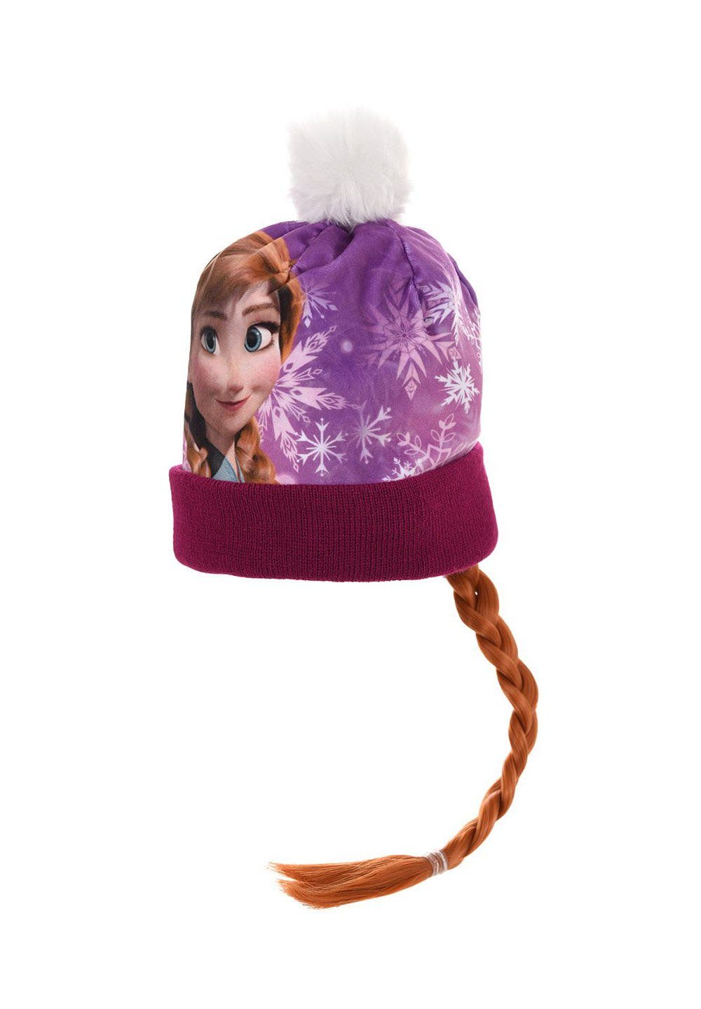 Disney Frozen Bommelmütze Eiskönigin Anna & Elsa Kinder Mädchen Winter-Mütze mit braunem Zopf