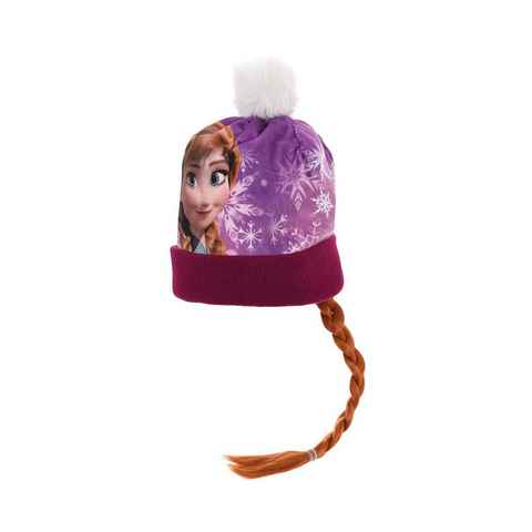 Disney Frozen Bommelmütze Eiskönigin Anna & Elsa Kinder Mädchen Winter-Mütze mit braunem Zopf