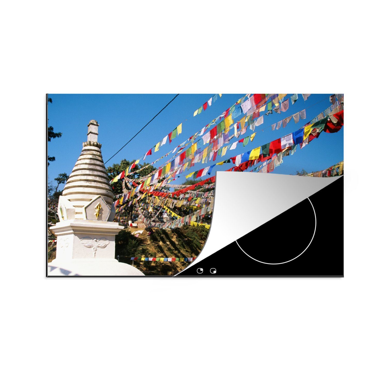 MuchoWow Herdblende-/Abdeckplatte Gebetsfahnen an der Swayambhunath-Stupa in Nepal, Vinyl, (1 tlg), 81x52 cm, Induktionskochfeld Schutz für die küche, Ceranfeldabdeckung
