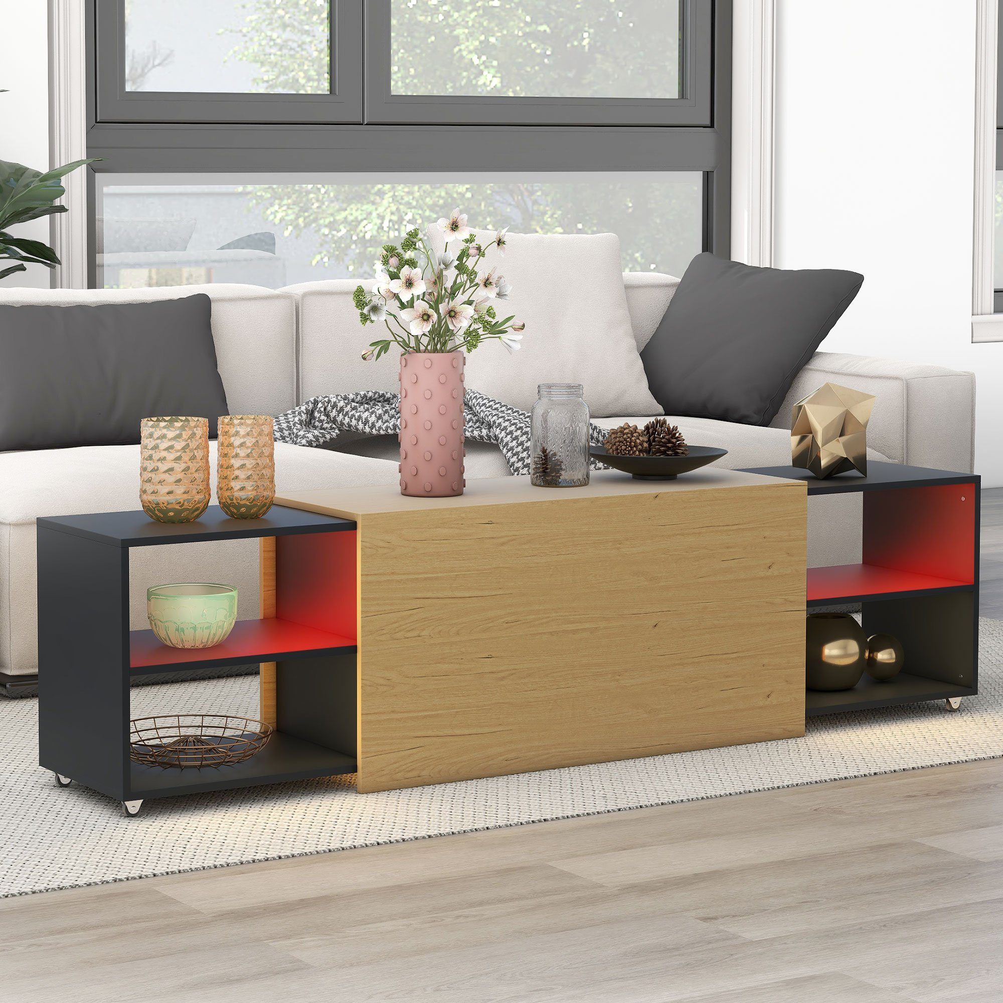 OKWISH TV-Schrank TV-Boards TV-Konsolentisch mit Stauraum (Simulation der Holzmaserung verleiht dem Tisch ein natürliche Ästhetik) Einfache Bewegung,Natürliche Ästhetik