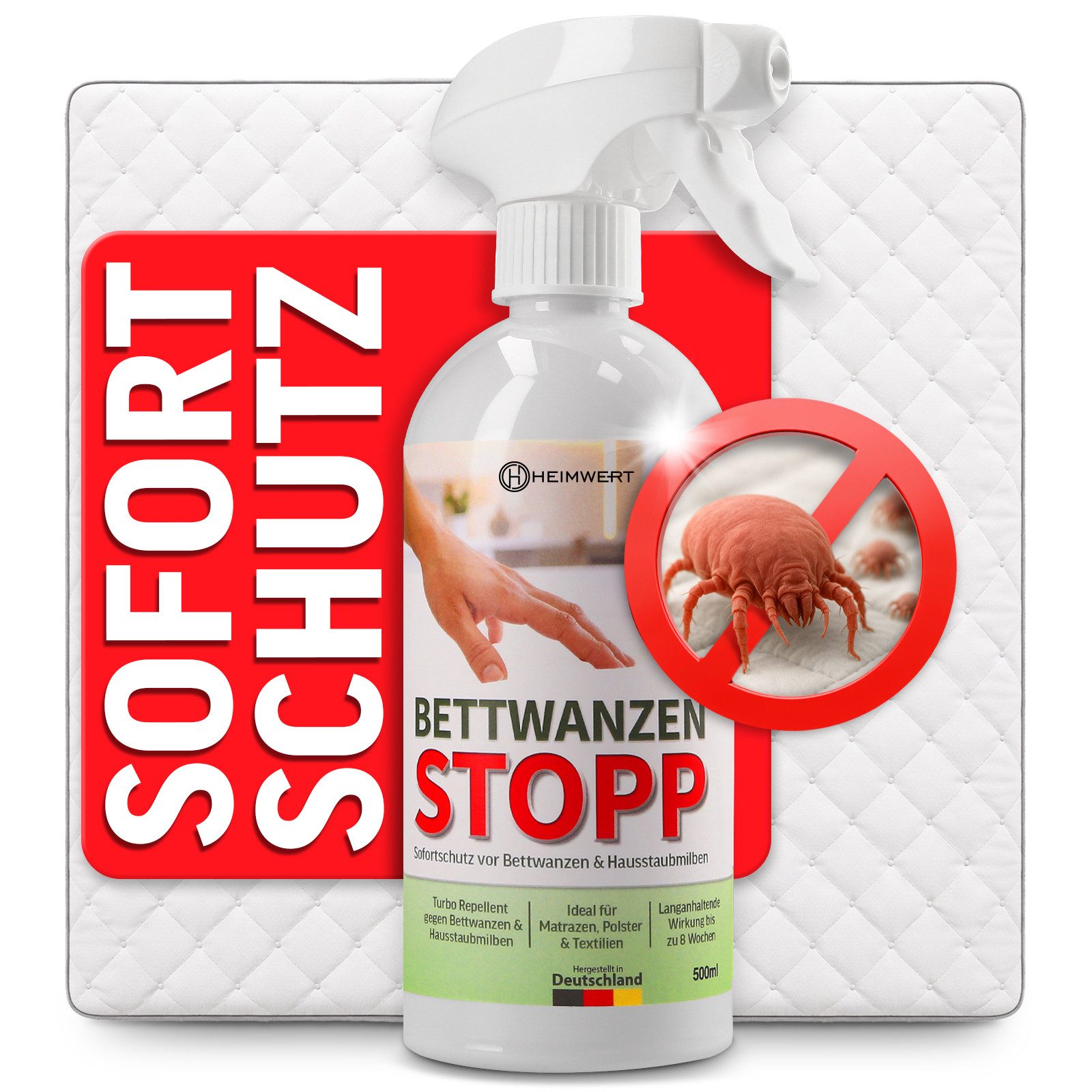 HEIMWERT Insektenspray Milbenspray Bettwanzen Spray 500 ml, 500 ml, Sofortschutz für Matratze Polster und Textilien – Bild 2 von 5