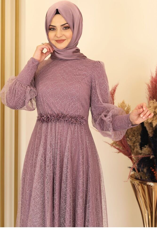 Modavitrini Abendkleid silbriges Tüllkleid Abiye Maxikleid Lila langärmliges Hijab Kleid Abaya