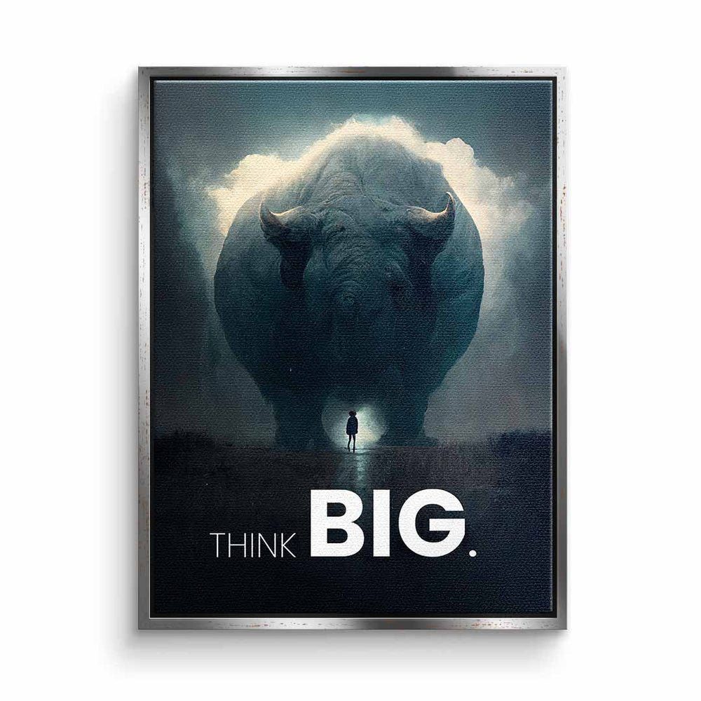 DOTCOMCANVAS® Leinwandbild, Premium Motivationsbild - Think Big Synergy - Nashorn silberner Rahmen