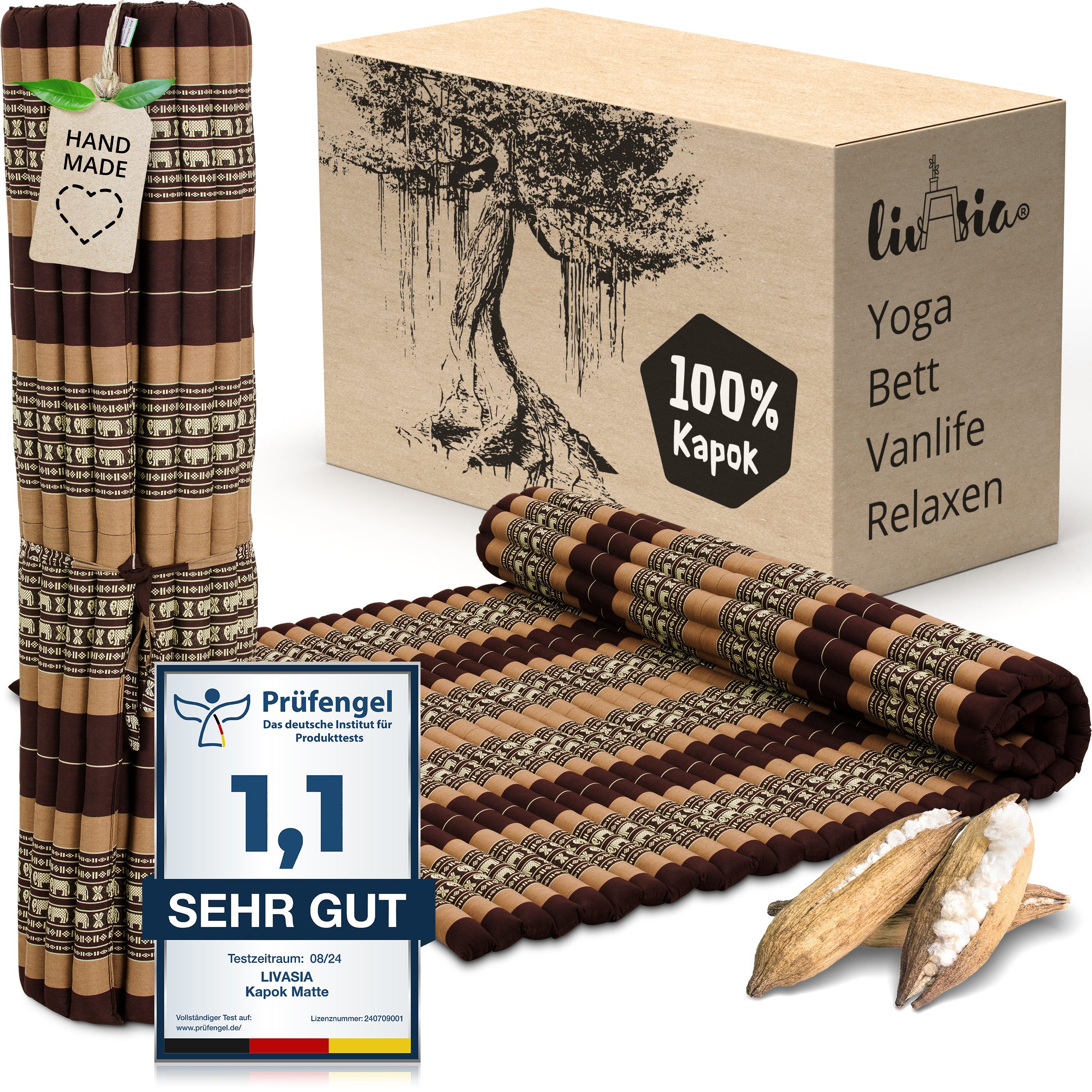 Reisebett-Matratzen Rollmatte 145 cm breit, vegan und handgefertigt, 205x145x4,5cm, livasia, 4.5 cm hoch, Kapok
