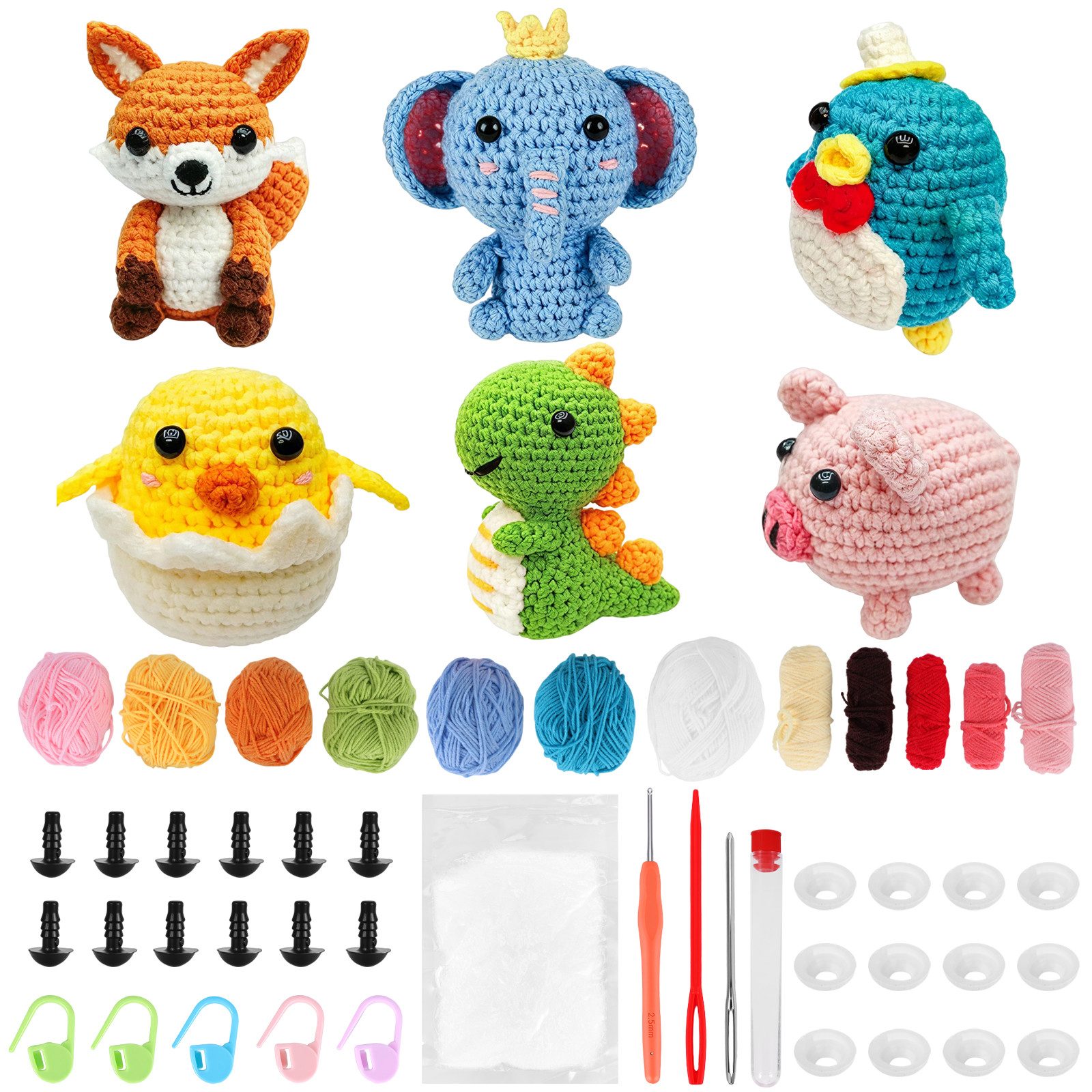BlingBin Kreativset DIY Häkelset Anfänger für 6 Amigurumi Tierfiguren, (1er Set, 1-tlg., mit Baumwollgarn, Häkelnadel, Füllwatte und Zubehör), Damit lassen sich niedliche Puppen herstellen