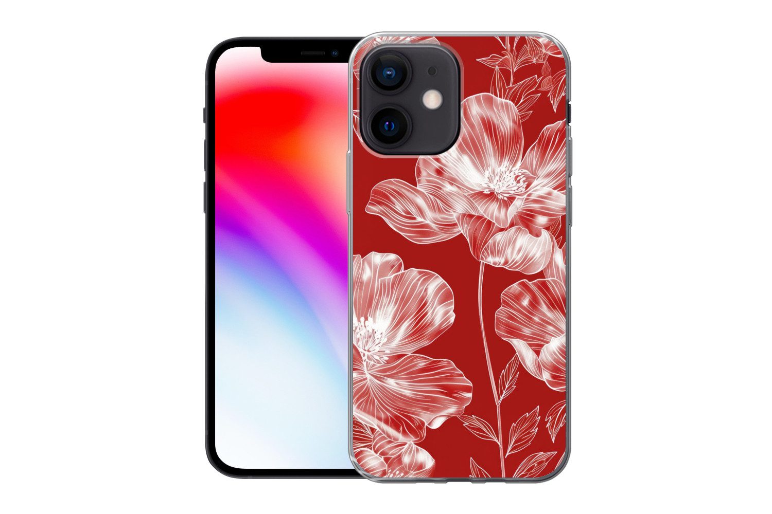 MuchoWow Handyhülle für Apple iPhone 12 mini Blumen - Muster - Rot - Weiß, Smartphone-Bumper, Print, Handy Schutzhülle Dünn
