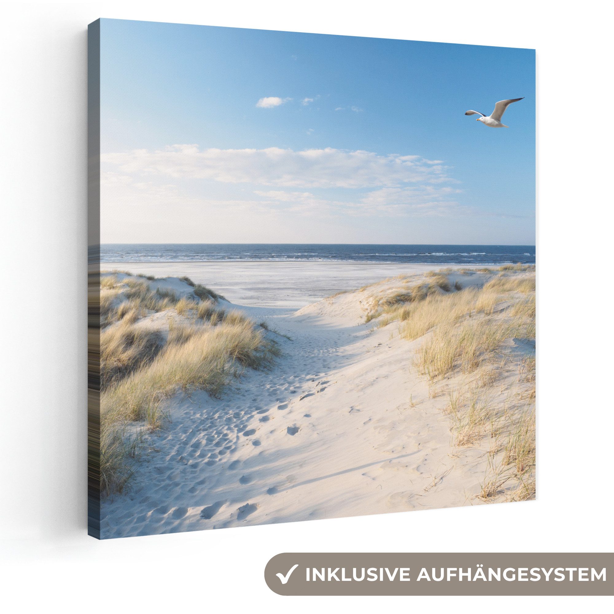 OneMillionCanvasses® Leinwandbild Düne - Möwe - Strand - Meer - Sonne, Fotodruck (1 St), Wandbild, Deko Schlafzimmer Wohnzimmer Flur 20x20 cm