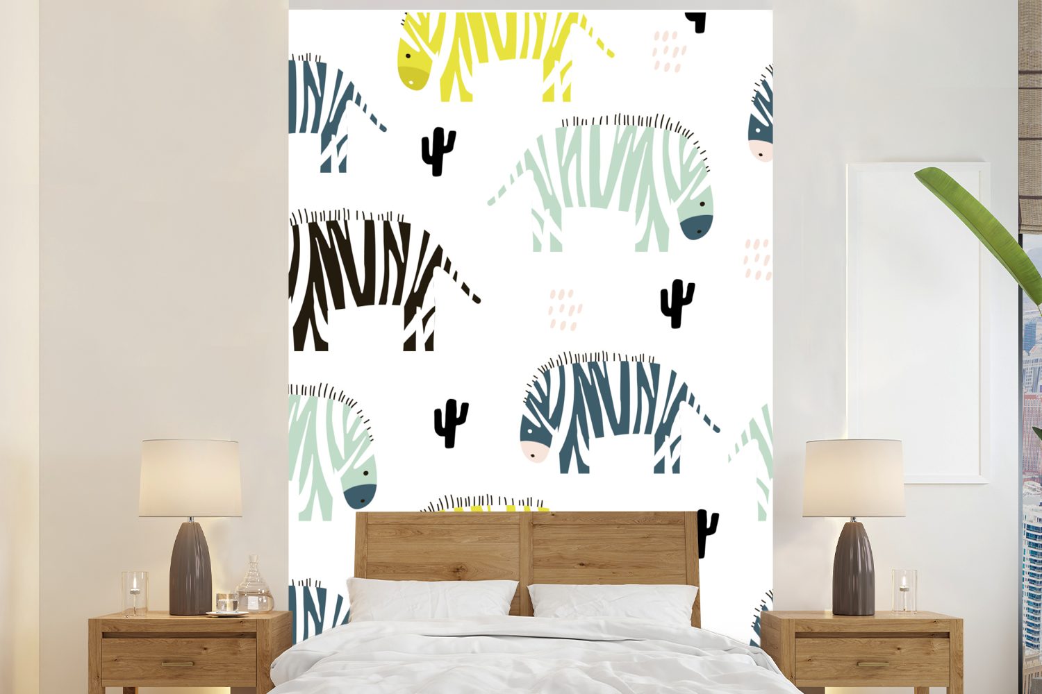 MuchoWow Fototapete Zebra - Kaktus - Weiß, Matt, bedruckt, (3 St), Montagefertig Vinyl Tapete für Wohnzimmer, Wandtapete