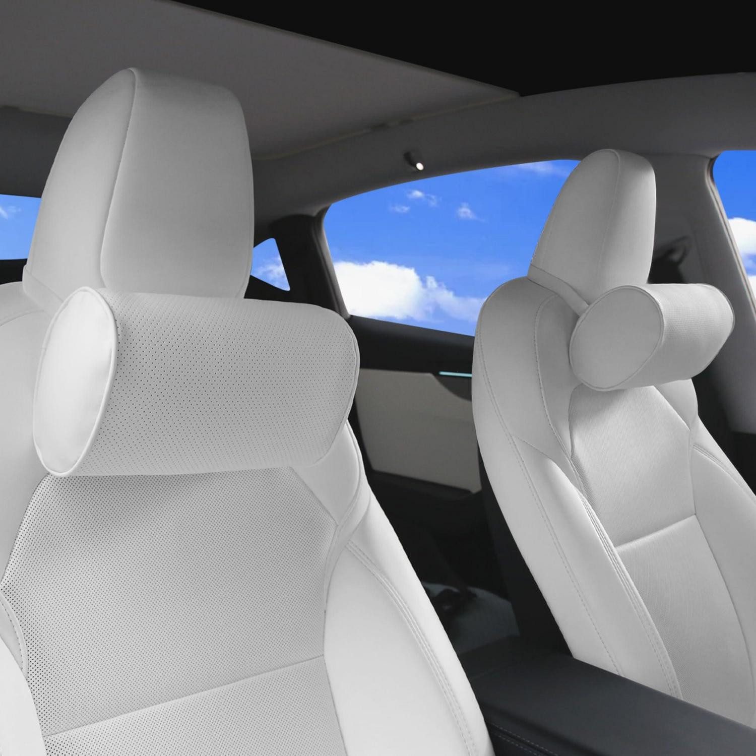 LuxusKollektion Autokopfstütze Auto Nackenkissen Memory Foam Leder abnehmbar Weiß White Headrest 2P