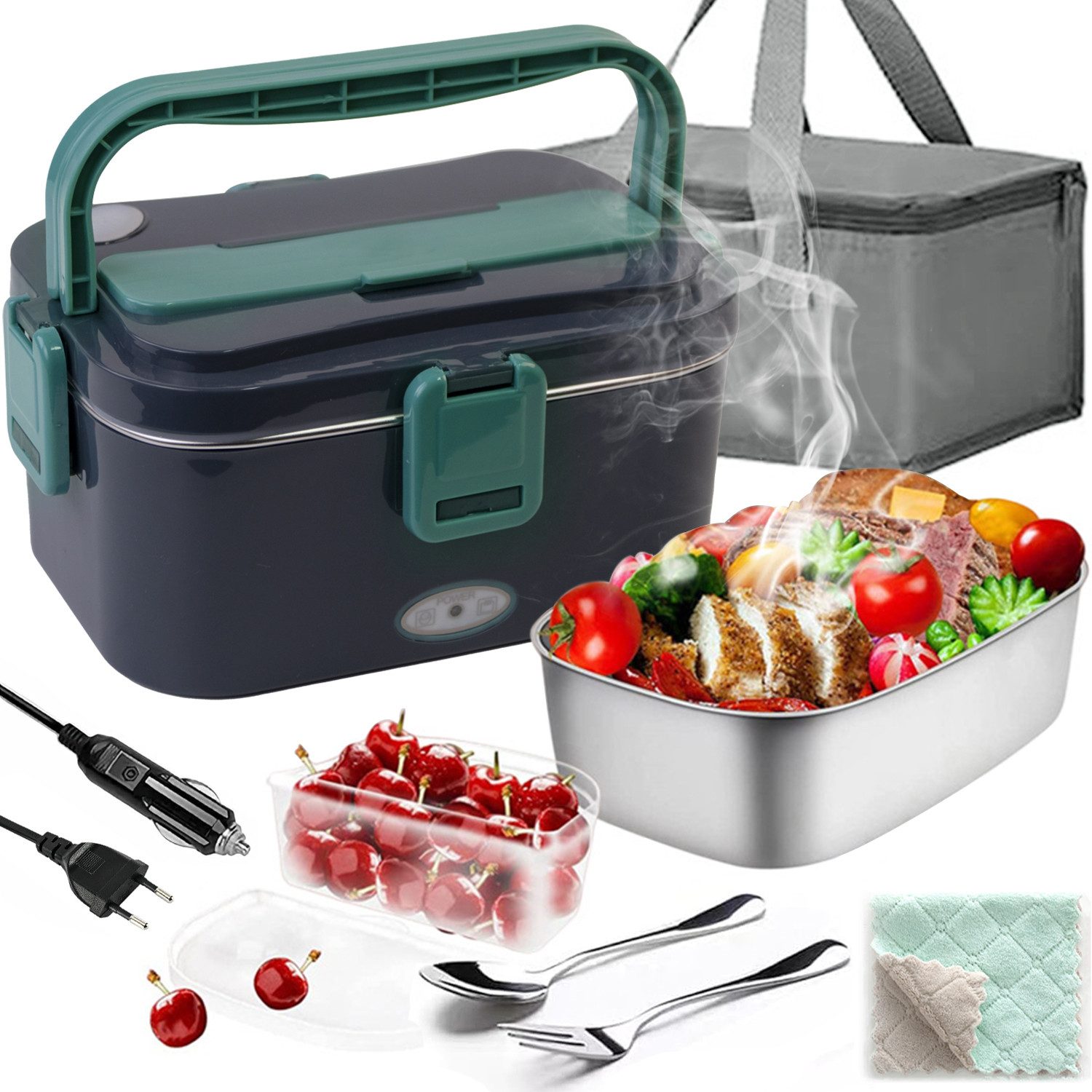 MOPUEA Elektrische Lunchbox 3 in 1 Elektrische Lunchbox Brotdose aus Edelstahl für Zuhause Auto, (1,8 L Großes Fassungsvermögen, Mit 12V/24V Autoadapter und 230V Netzadapter), Großes Fassungsvermögen mit Tragetasche und Reinigungstuch