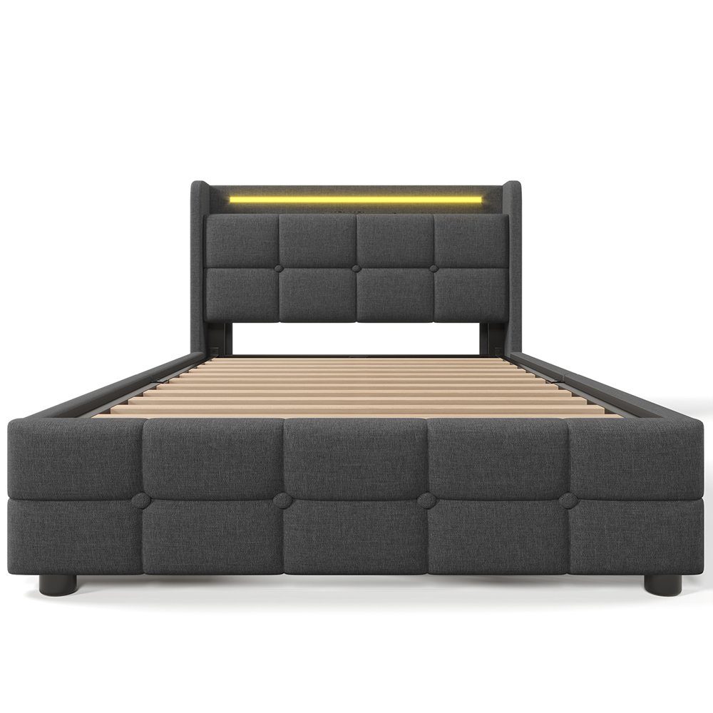 Polsterbett (Stauraumbett mit Lattenrost), Einzelbett 90x200cm mit LED-Beleuchtung, Ladefunktion und 2 Schubladen