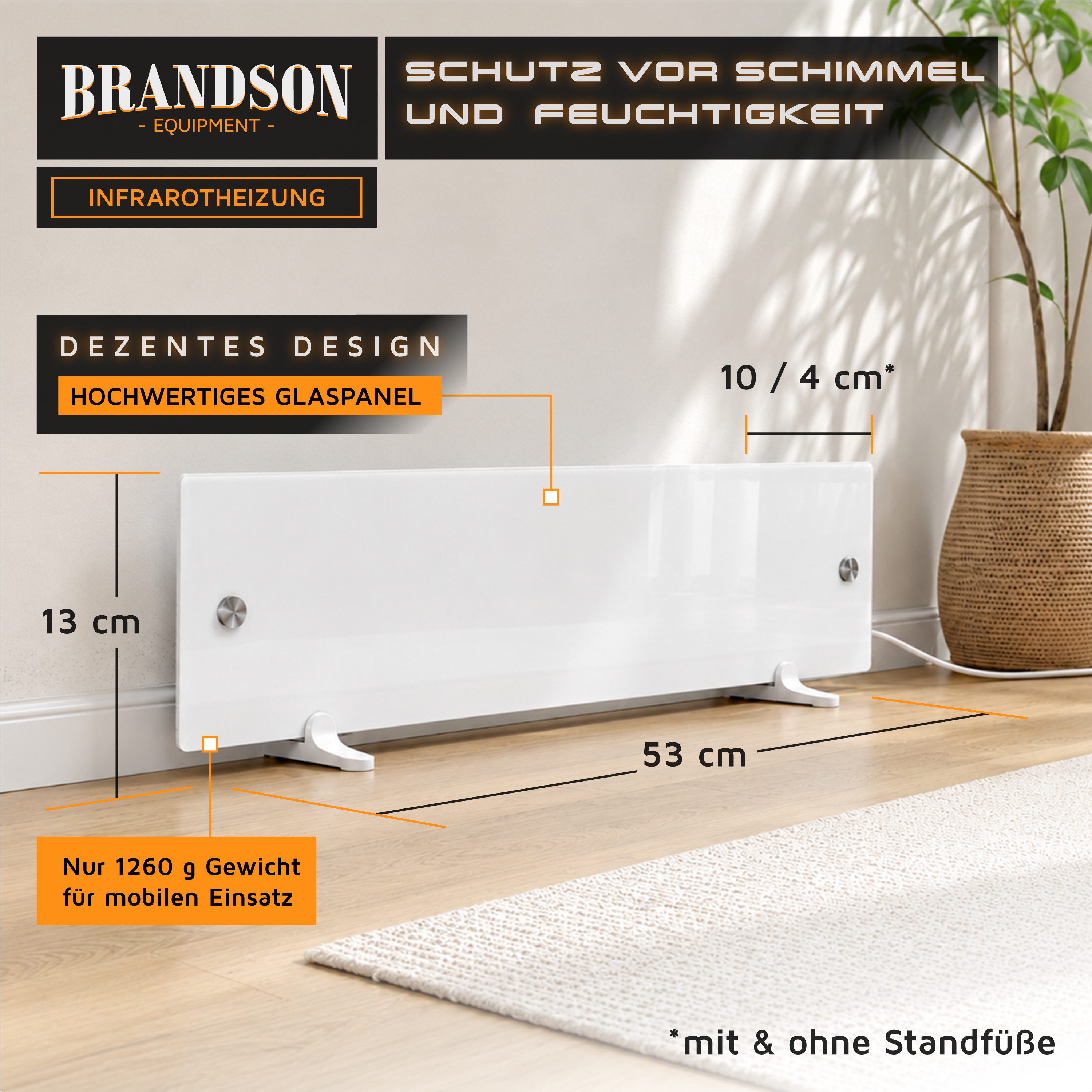 Brandson Infrarotheizung Anti-Schimmel-Heizung, Infrarot Glaspanel 50 W, Wand- & Standmontage, Schimmelentferner geräuschlos, Schimmelschock IP44, Überhitzungsschutz