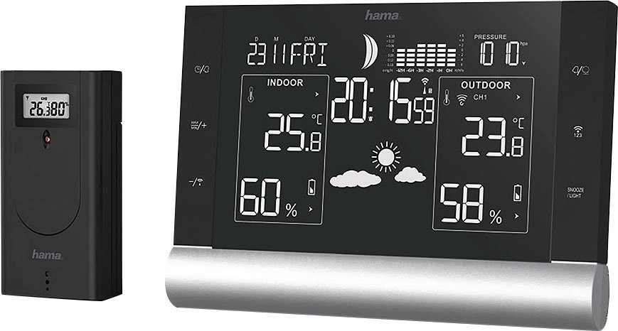 Hama Wetterstation, Funk, inkl. Außensensor, Wettervorhersage, mit Wecker Wetterstation (Innen-/Außentemperatur, Thermo-/Hygrometer, Funk, Wecker)