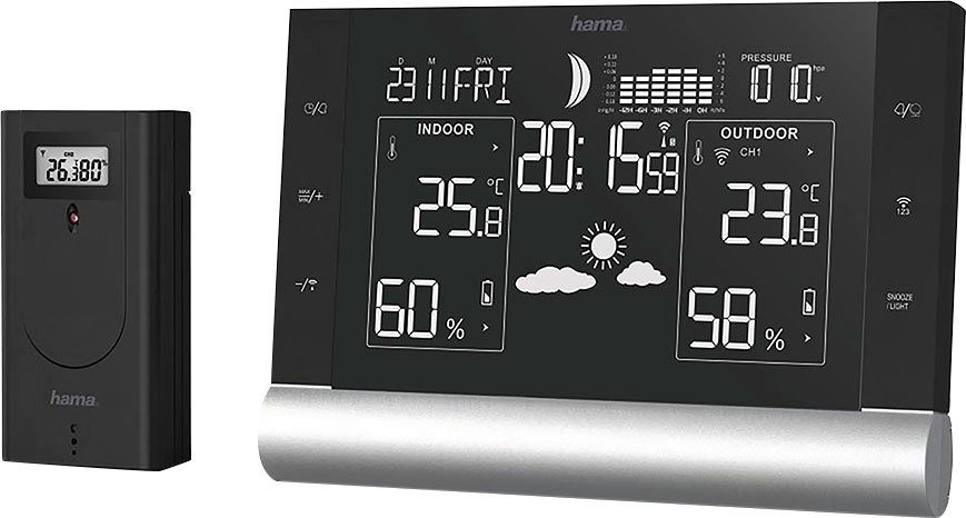 Hama Funkuhr Black Line Plus Wetterstation (inkl. Funk-Außensensor),  Taupunkt-Anzeige - Verhältnis Wasser/Temperatur in der Luft