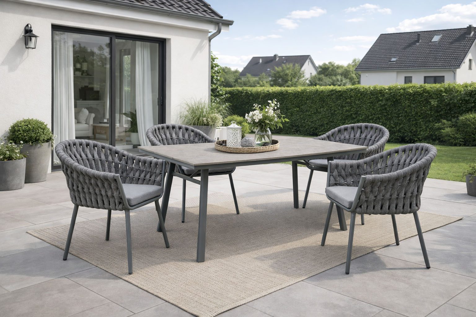 Destiny Garten-Essgruppe MOLINO SAN MARINO 4 Se + Tisch RE 180x90cm anthrazit, (Set, 4 Sessel inkl. Sitzkissen, 1 Tisch), Aluminium, Rope, Polywood