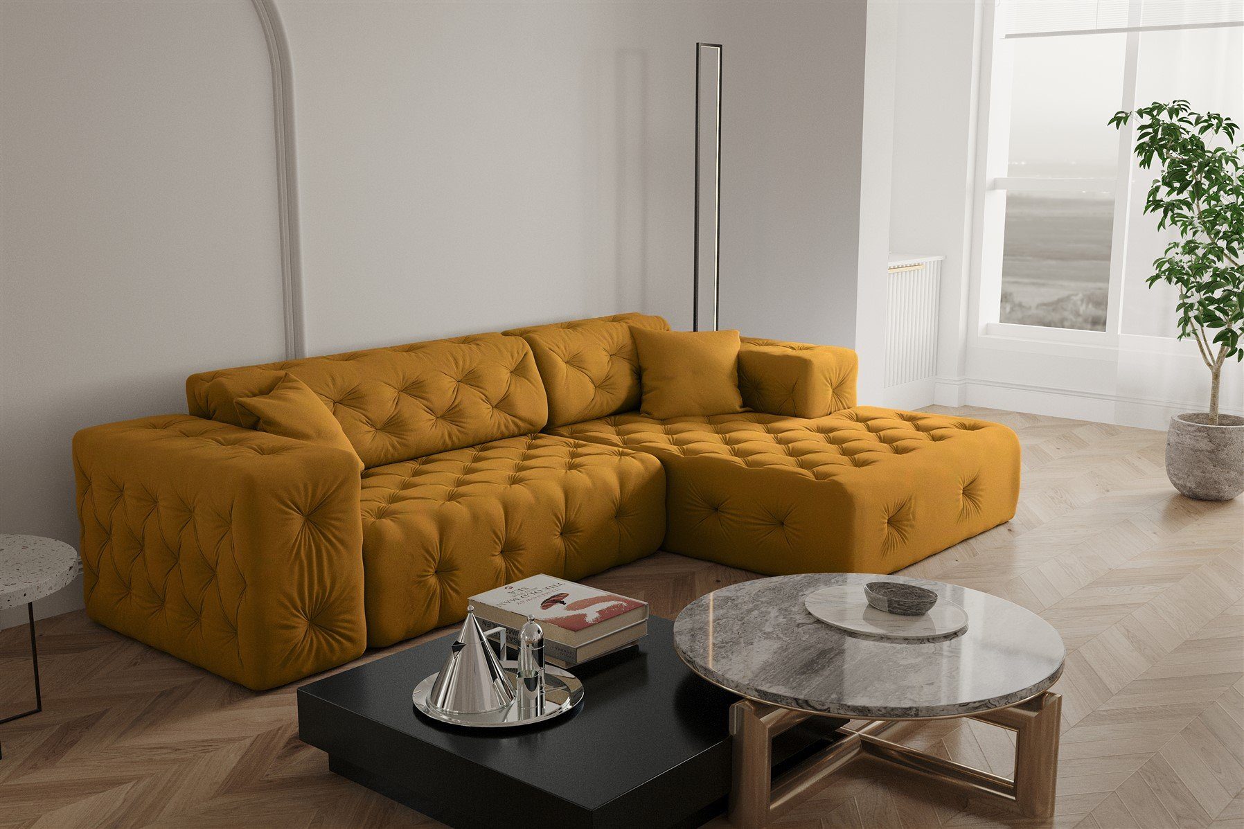 Fun Ecksofa Opera Gelbgold mane oder in CHANTAL Stoff Möbel Zierkissen Designersofa Links Velvet, incl. Rechts, Ecksofa 2