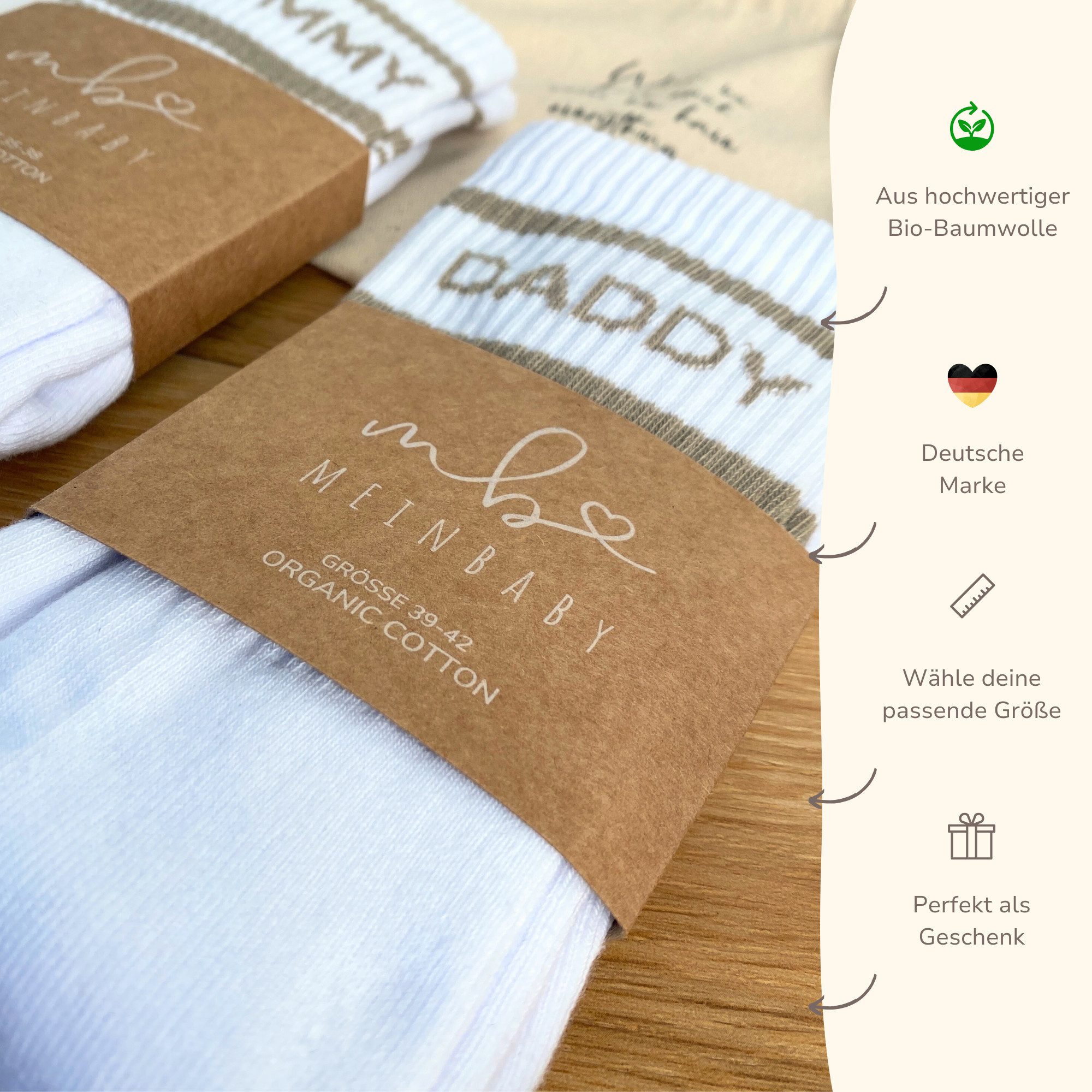 MeinBaby123® Tennissocken Geschenkset Schwangerschaft, Geschenk zur Geburt & Baby Shower (Set, 3 Paar Socken inkl. Baumwollsäckchen und Karte) Geschenkidee frischgebackene Eltern, Mama Papa Baby