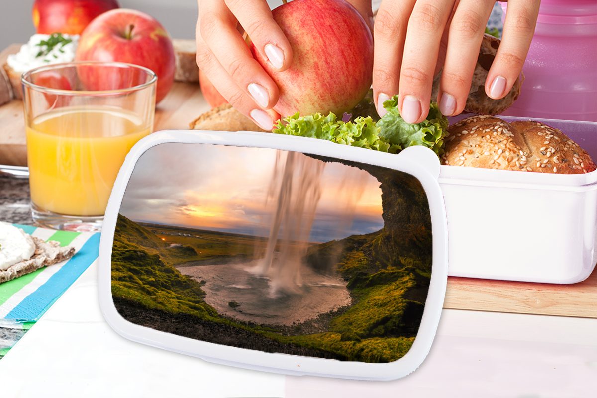 MuchoWow Lunchbox Wasserfall - Island weiß Kunststoff, Kinder für und Brotdose, für (2-tlg), und Natur, Erwachsene, Brotbox Jungs Mädchen 