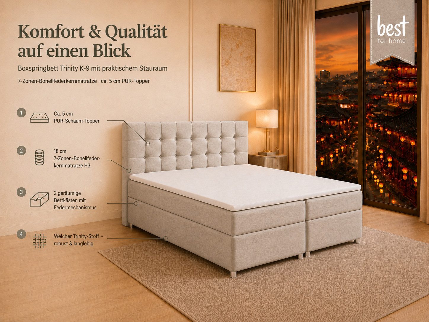 Best for Home Boxspringbett Trinity K-9 mit Stauraum & 7-Zonen Komfort – modern & komfortabel (Komplett-Set, 1-St., 140x200 160x200 180x200 200x200 cm), Handwerksqualität, TOP Preis-Leistungs-Verhältnis