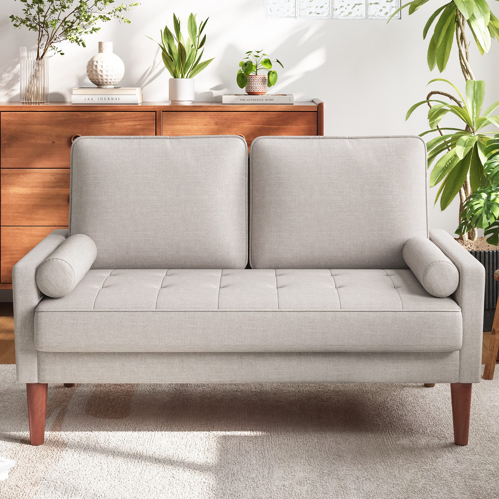 OUNUO Sofa 121cm Kleines Loveseat Sofa Couch aus Samt und Leinen mit 2 Zierkissen