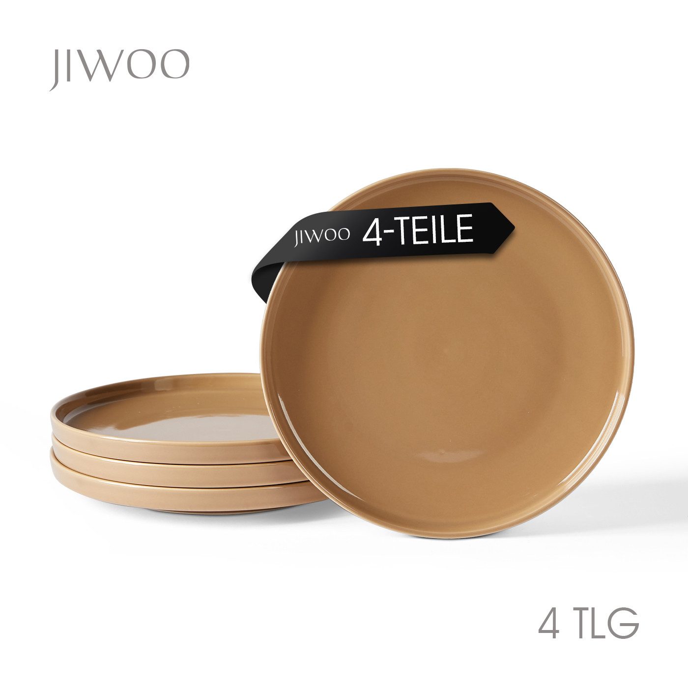 JIWOO Teller 4er Ø25cm, Frühstücksteller Salatteller Steakteller Dessertteller, (4 St), Keramik Tellerset Braun Mikrowellen spülmaschinenfest Ø26,5 cm