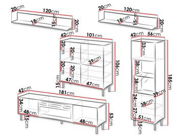 MIRJAN24 Wohnzimmer-Set Aruba III, (4er-Set, Kommode, Wandregal, TV-Lowboard mit Kamin, Vitrine), Metallfüße in der Farbe Schwarz