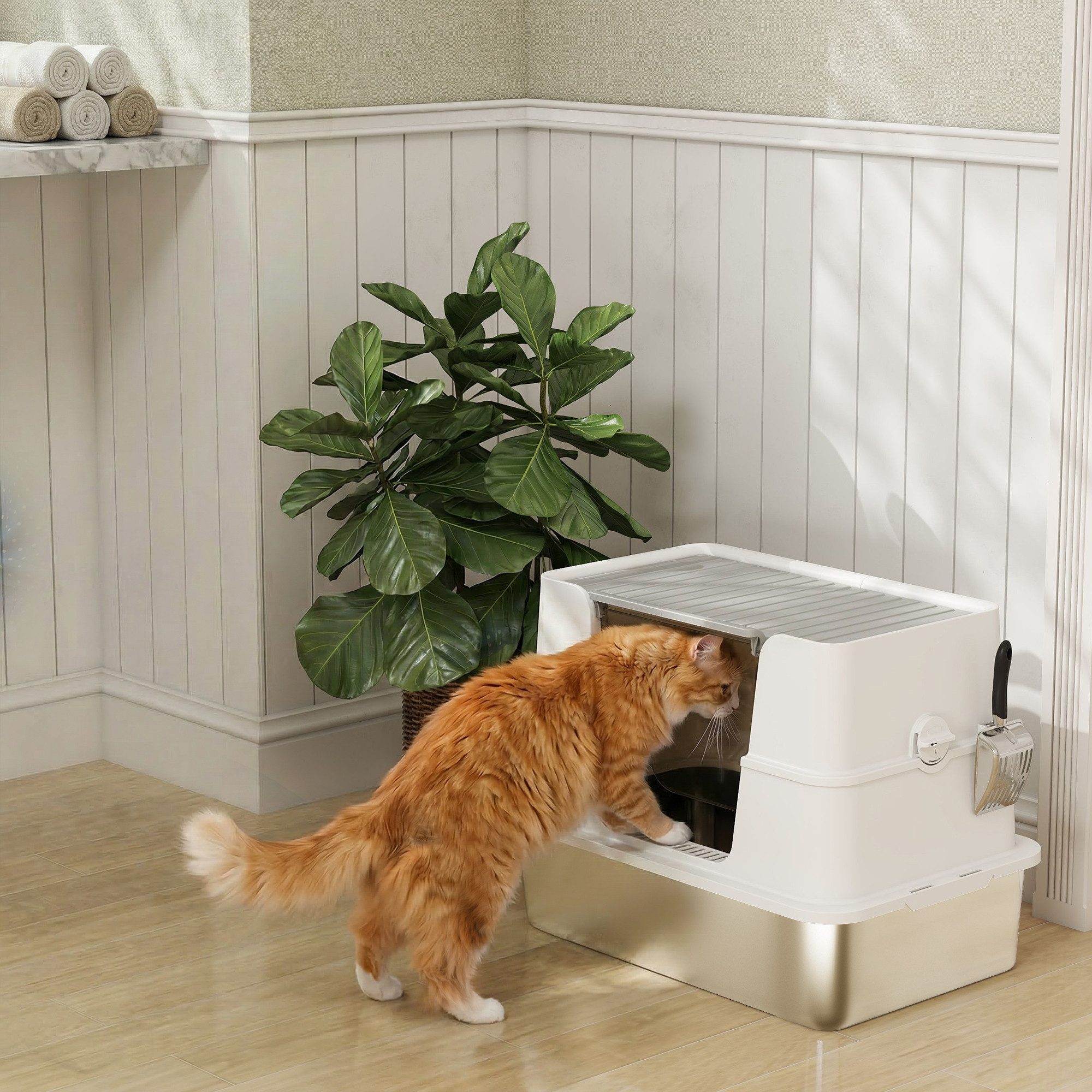 PawHut Katzentoilette Katzenklo Edelstahl mit Deckel, Pedal, Geruchsresistent, für große Katzen bis zu 15 kg, 60,2 x 40,2 x 44,5 cm Hellgrau