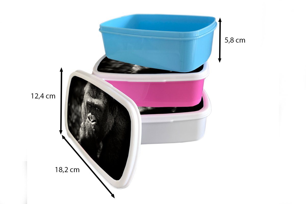 Brotbox Snackbox, MuchoWow Lunchbox in Schwarz für Gorilla Kunststoff, rosa (2-tlg), Weiß, Erwachsene, Kunststoff auf schwarzem Brotdose Kinder, Hintergrund Mädchen, und