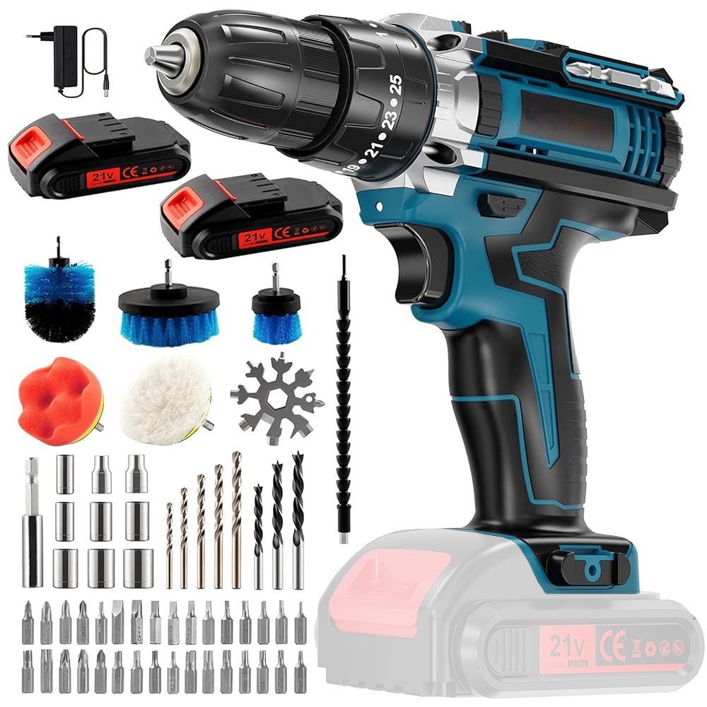 AeroAxis Akku-Bohrschrauber 45 Nm, 2-Gang, 25+3 Drehmomentstufen mit Reinigen Set, 21 V, max. 1500 U/min, (Set, 64-tlg., inkl. 61x Zubehörteile, 2x2000 mAh,1xSchnellladegerät, 1x Tragetasche), für Heimwerken & Reparaturen