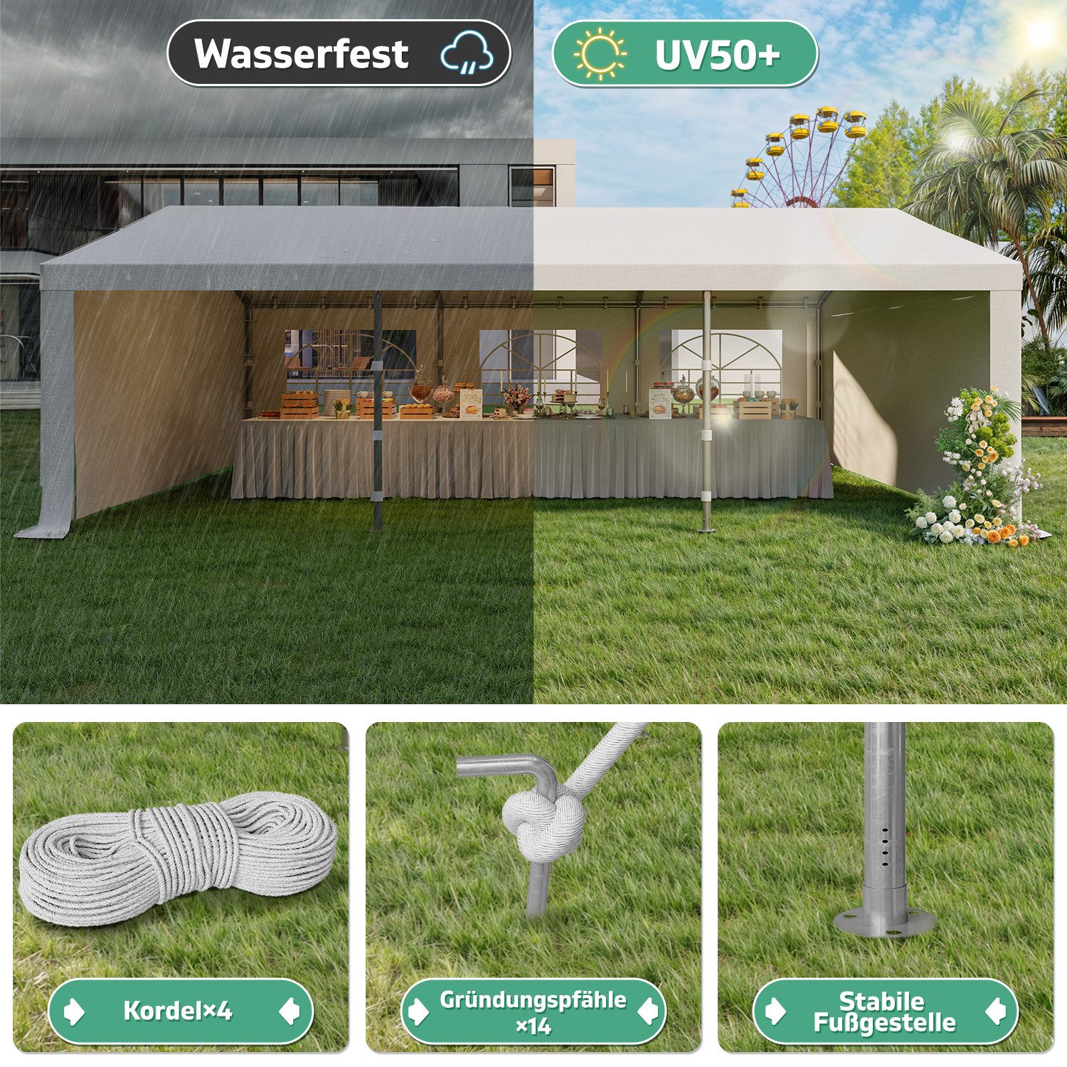 GUNJI Partyzelt Verzinktes Stahlrohr Partyzelt mit abnehmbaren Seitenwänden 3x6/4x6m, mit 4 Seitenteilen, (3x4, 3x6: 2 Pakete; 4x6, 4x8, 4x10:3 Pakete), Partyzelt mit größerem Innenraum