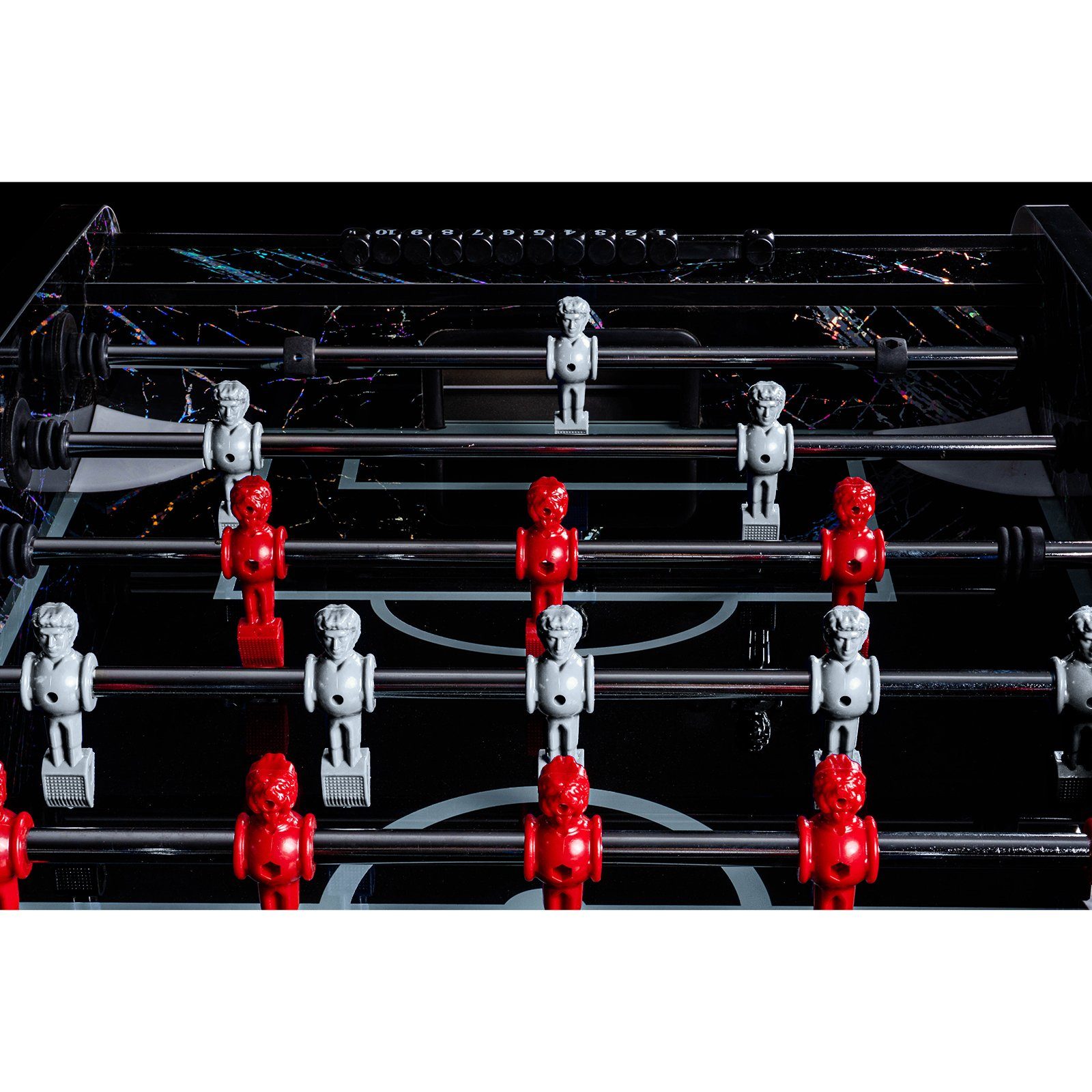 RAMROXX Kickertisch Fußball Premium Schwarz Glasspielfeld Figuren Weiss Rot 80kg