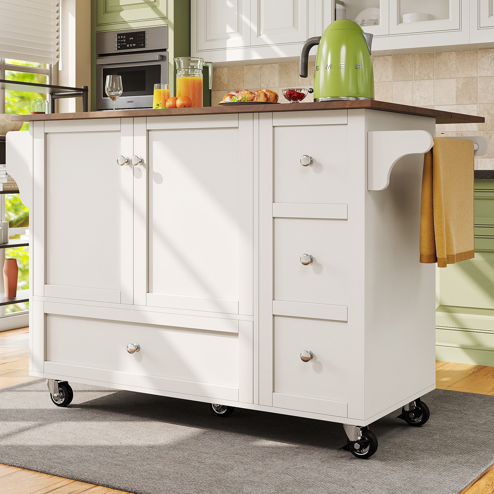 OKWISH Küchenwagen Küchenschränke,Buffetschrank,Speisewagen, mit Arbeitsplatte, (mit ausklappbarer Tischplatte, Gewürzregal & Handtuchhalter, verstellbare Trennwände., 128*40*92.5CM), verstellbare Trennwände