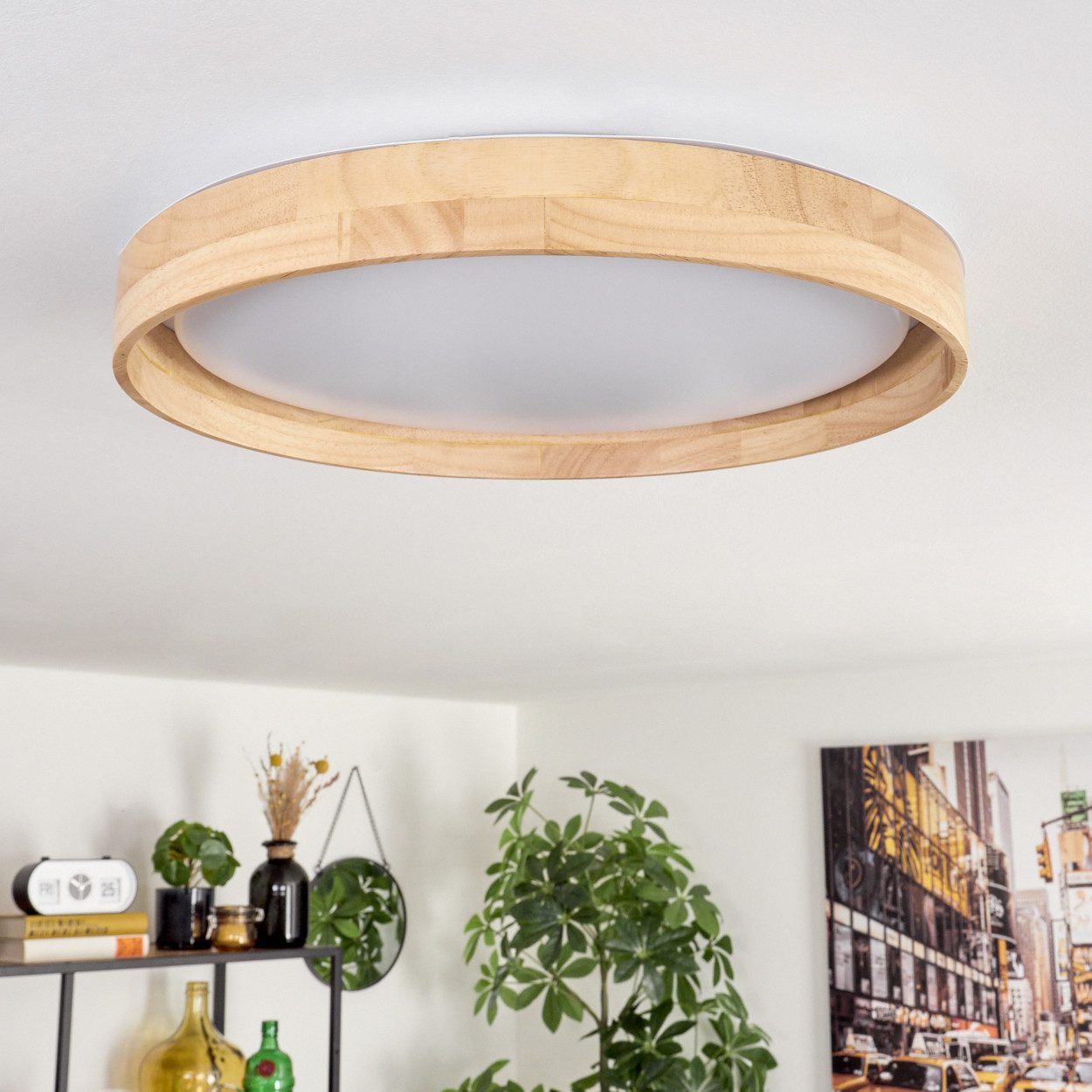 hofstein Deckenleuchte Deckenlampe aus Holz/Metall/Kunststoff in Natur/Weiß, LED wechselbar, 3000 Kelvin, im skandinavisch/modernen Design mit rundem Schirm (40cm), 1-flammig