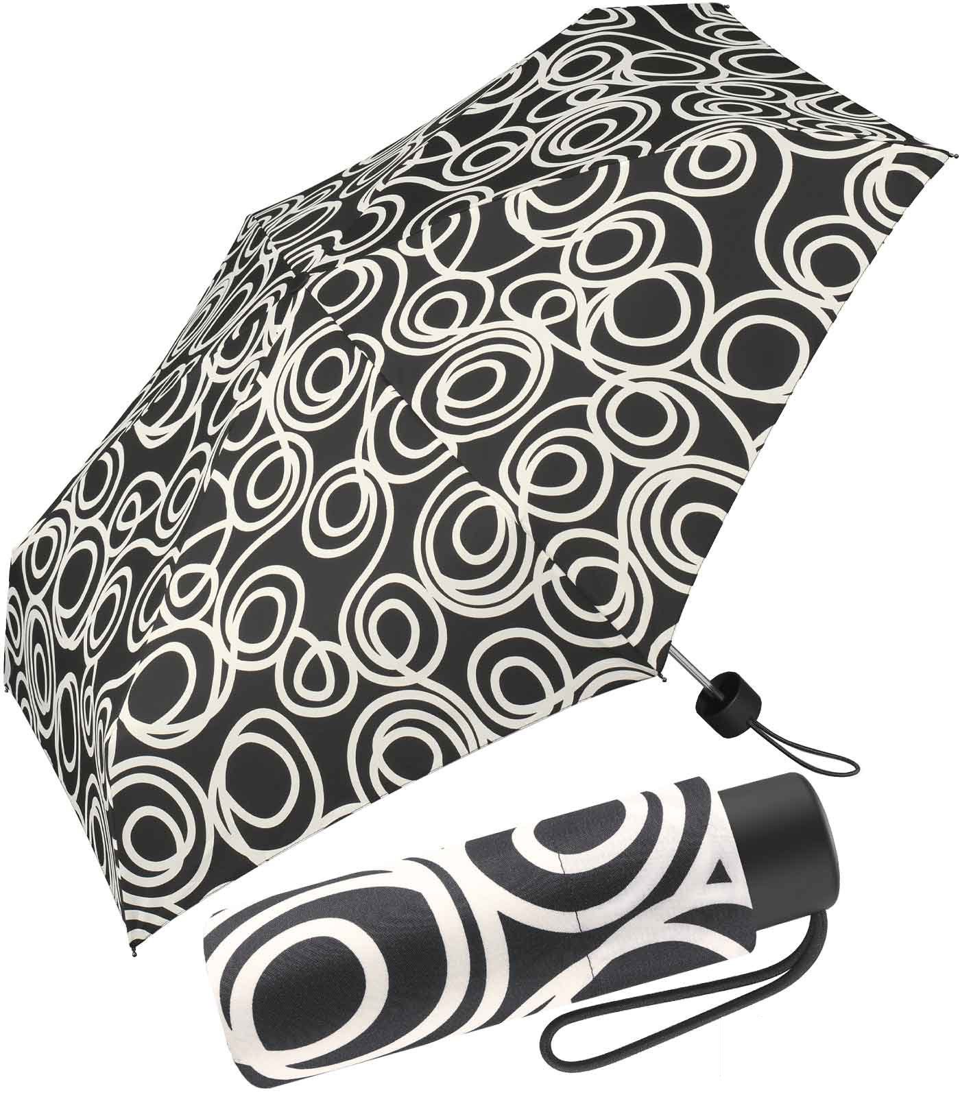 schwarz-weiß Grund Taschenregenschirm Pierre winziger schwarzem mit weißem Damen-Regenschirm Cardin Handöffner, auf Kreise-Muster mit