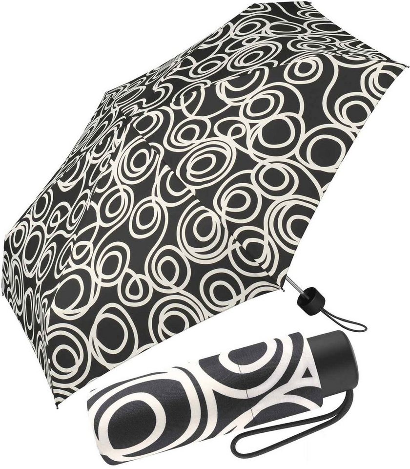 Pierre Cardin Taschenregenschirm winziger Damen-Regenschirm mit Handöffner,  mit weißem Kreise-Muster auf schwarzem Grund