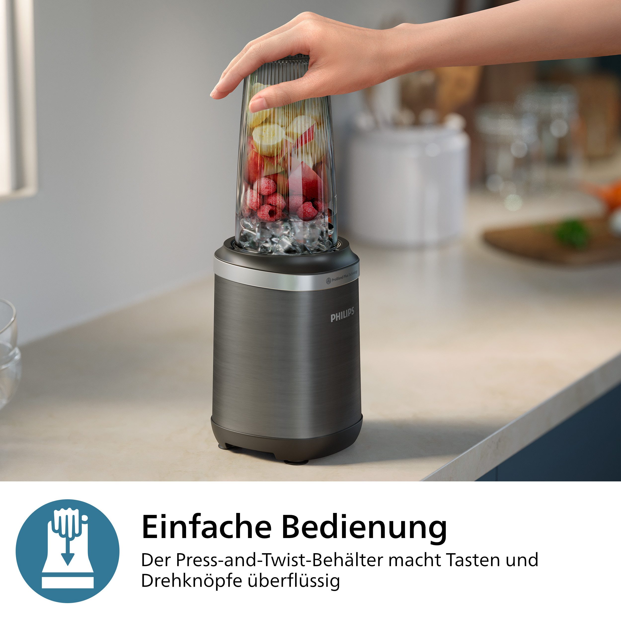Philips Standmixer HR2767/00 5000 Series, mit ProBlend Plus-Technologie, 1000 W, 3 Becher (700, 500, 300 ml), kompaktes Design; Schwarz/Edelstahl